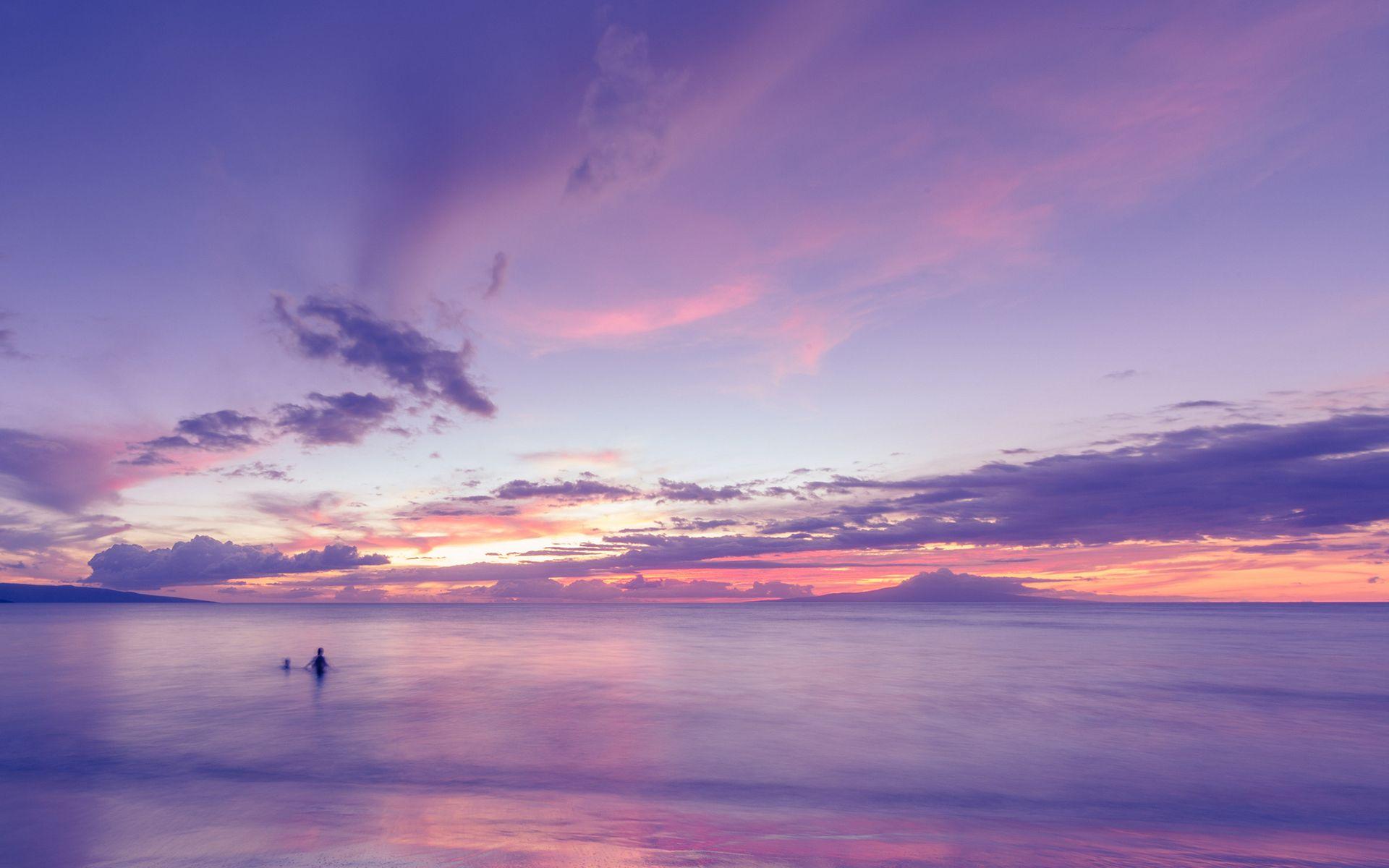Ocean Clouds Sunset Purple Beach wallpapers.
