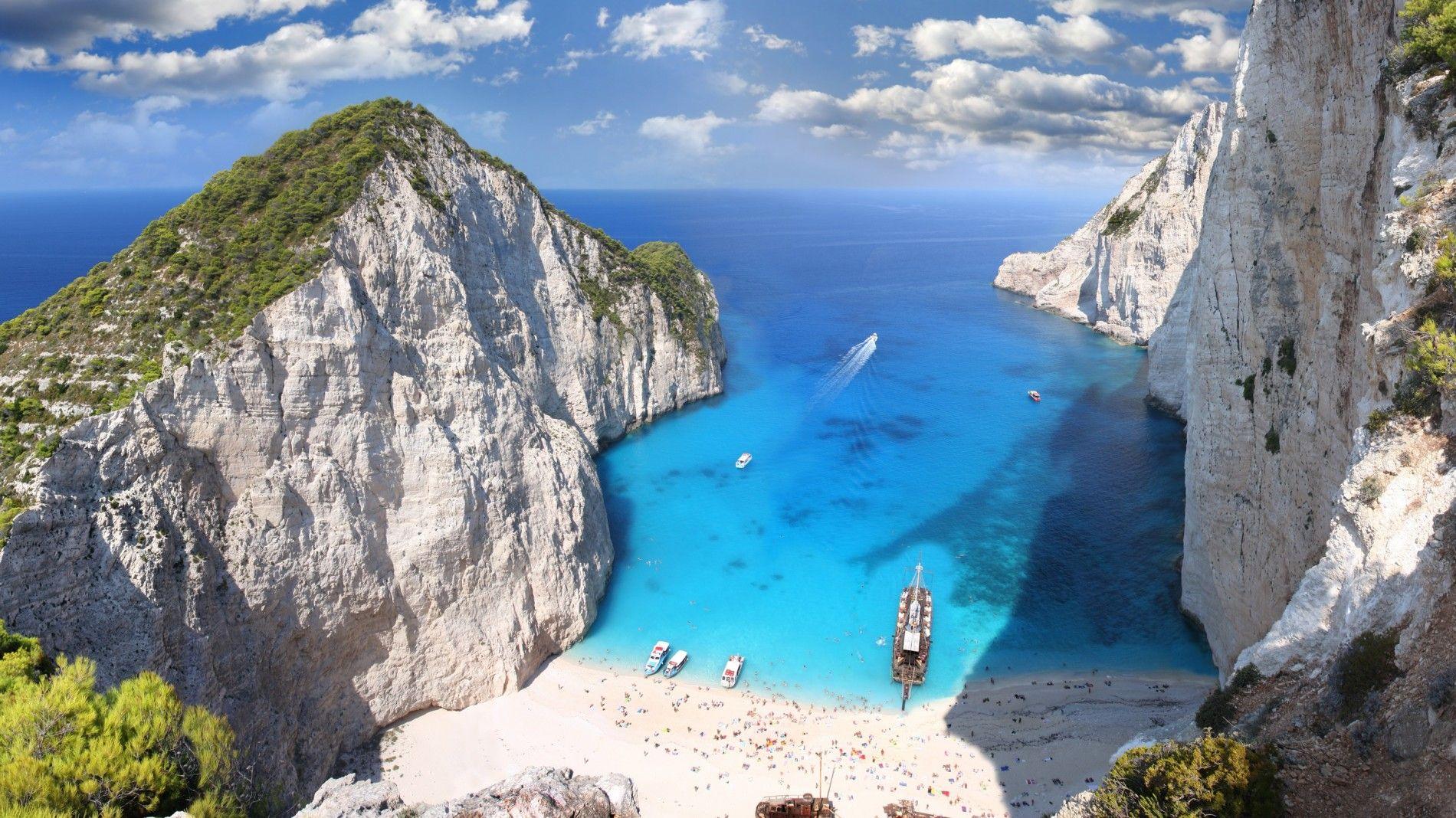 Download 1900x1068 Zakynthos, Greece, Mountains, Blue Ocean, Beach