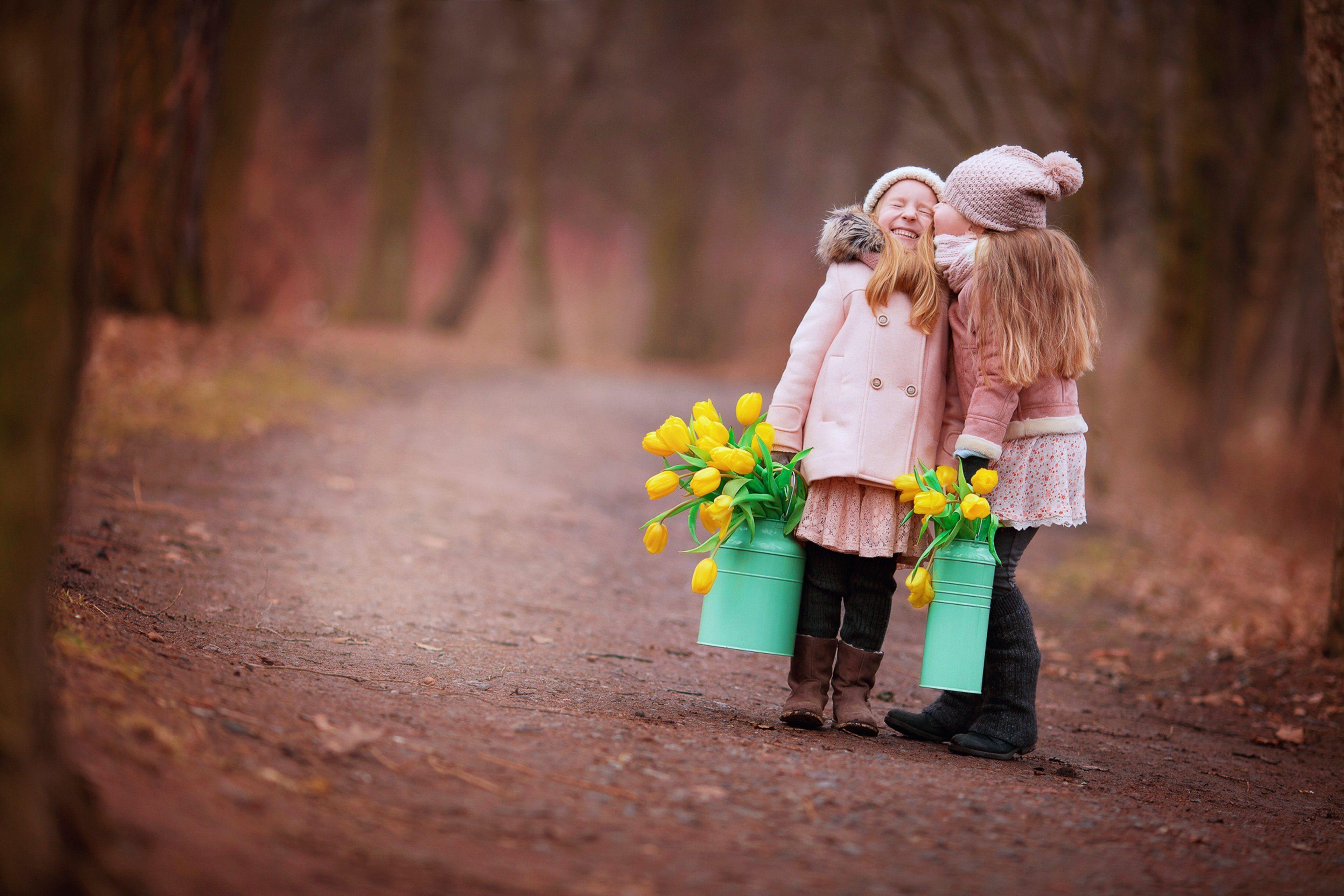 Happy Children Friends Flowers Road Wallpaper and Free Stock