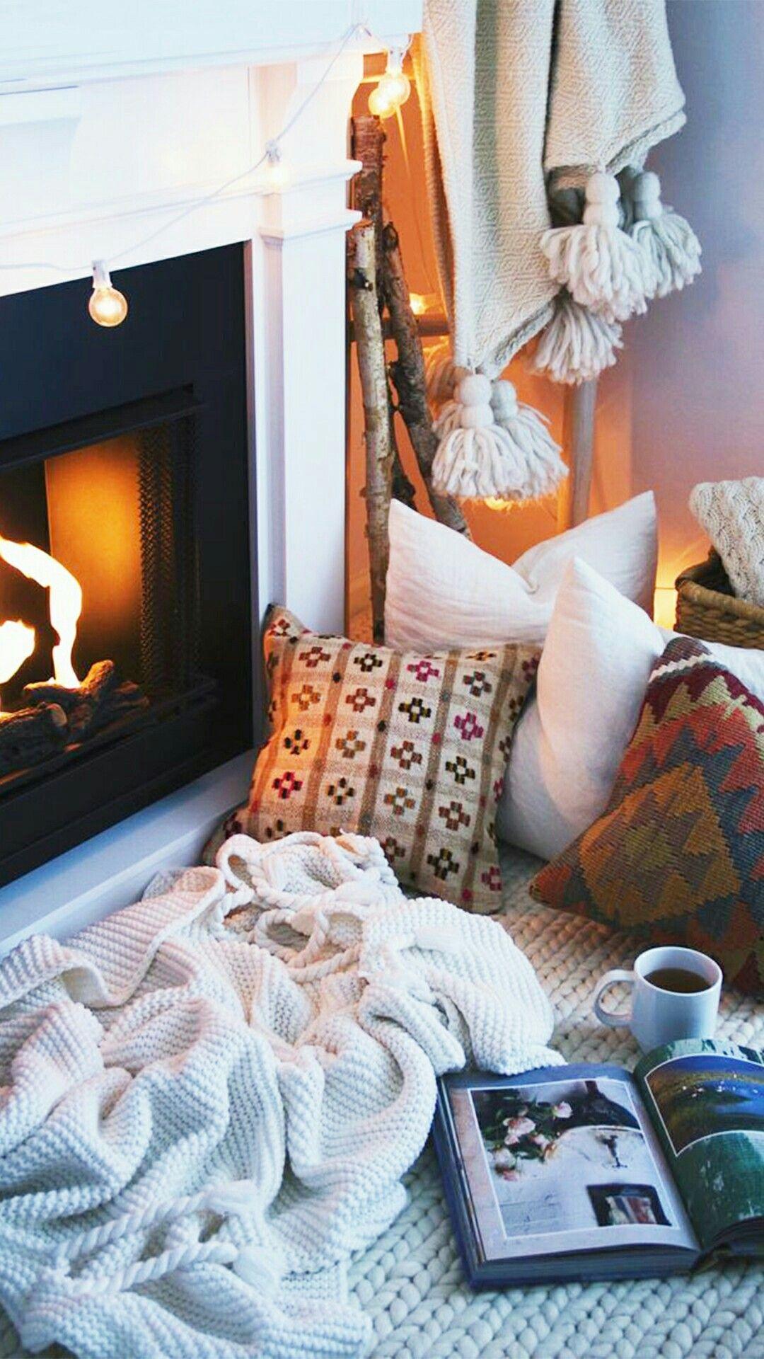 winter warm snowflake book stay in cozy coffee hot chocolate cocoa fireplace by the fire blanket pillows wallpaper tumblr. Cozy house, Hygge home, Cozy fireplace