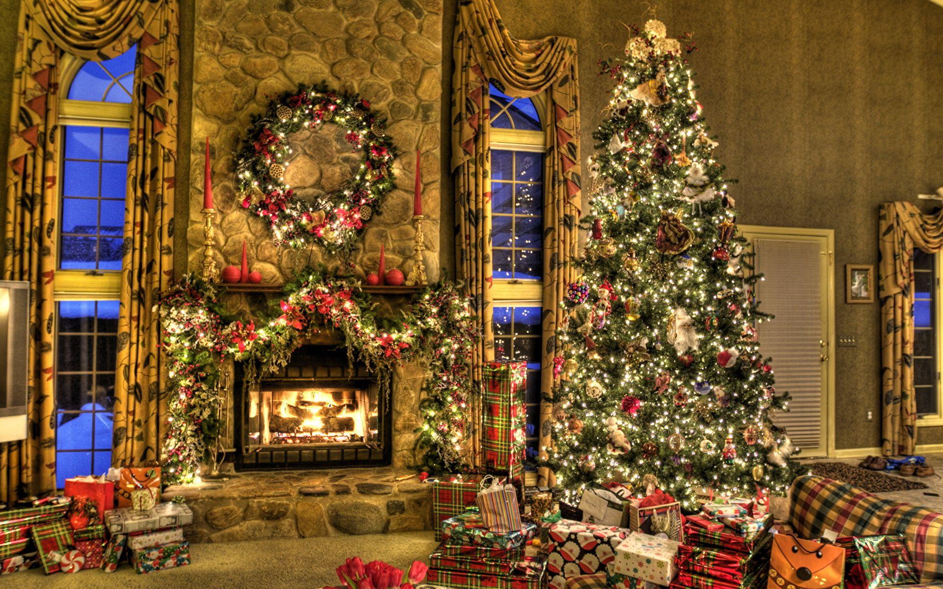 Photo Christmas HDRI Christmas tree Room Fireplace 1920x1200