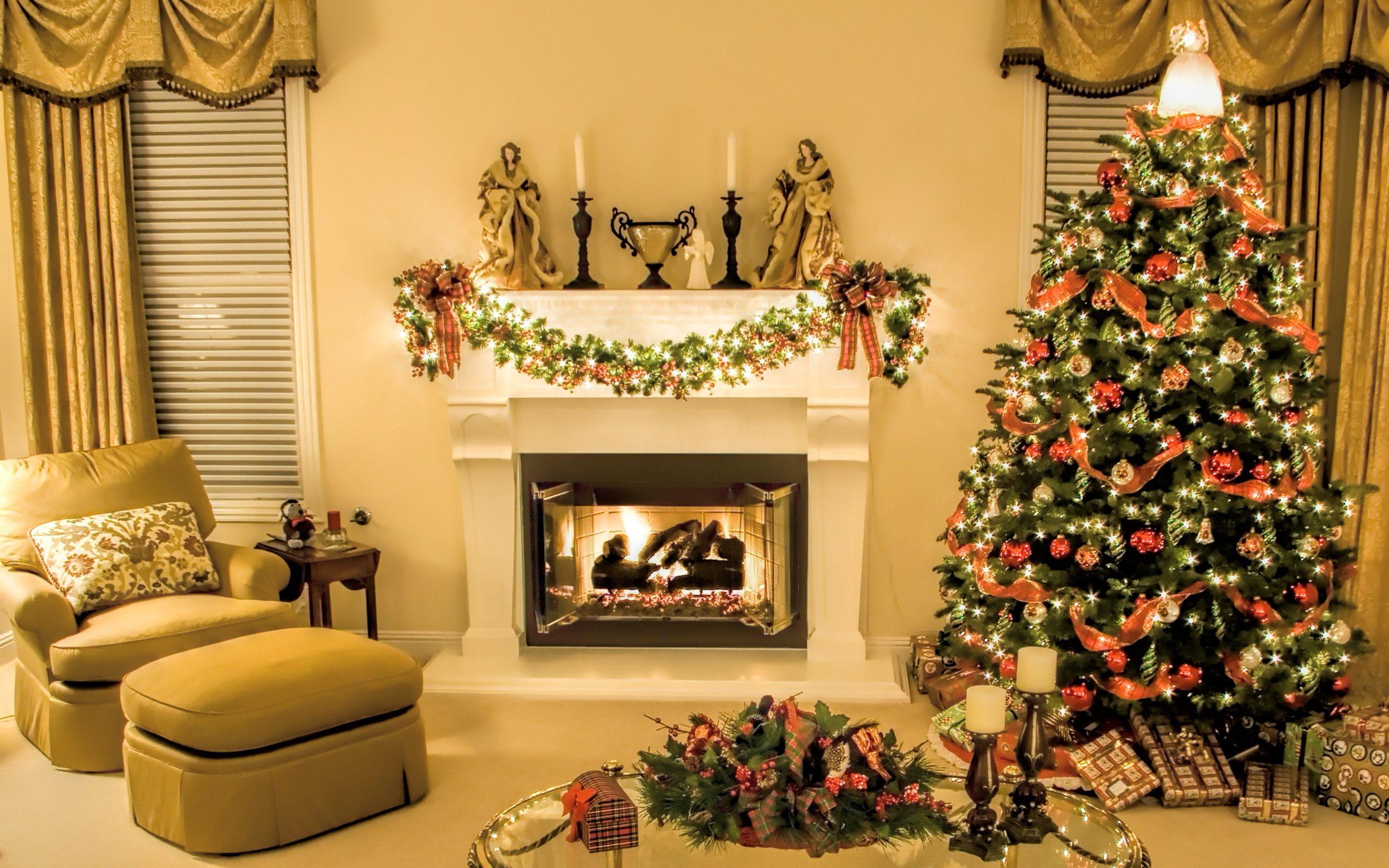 Christmas Tree in the Living Room near the Fireplace widescreen