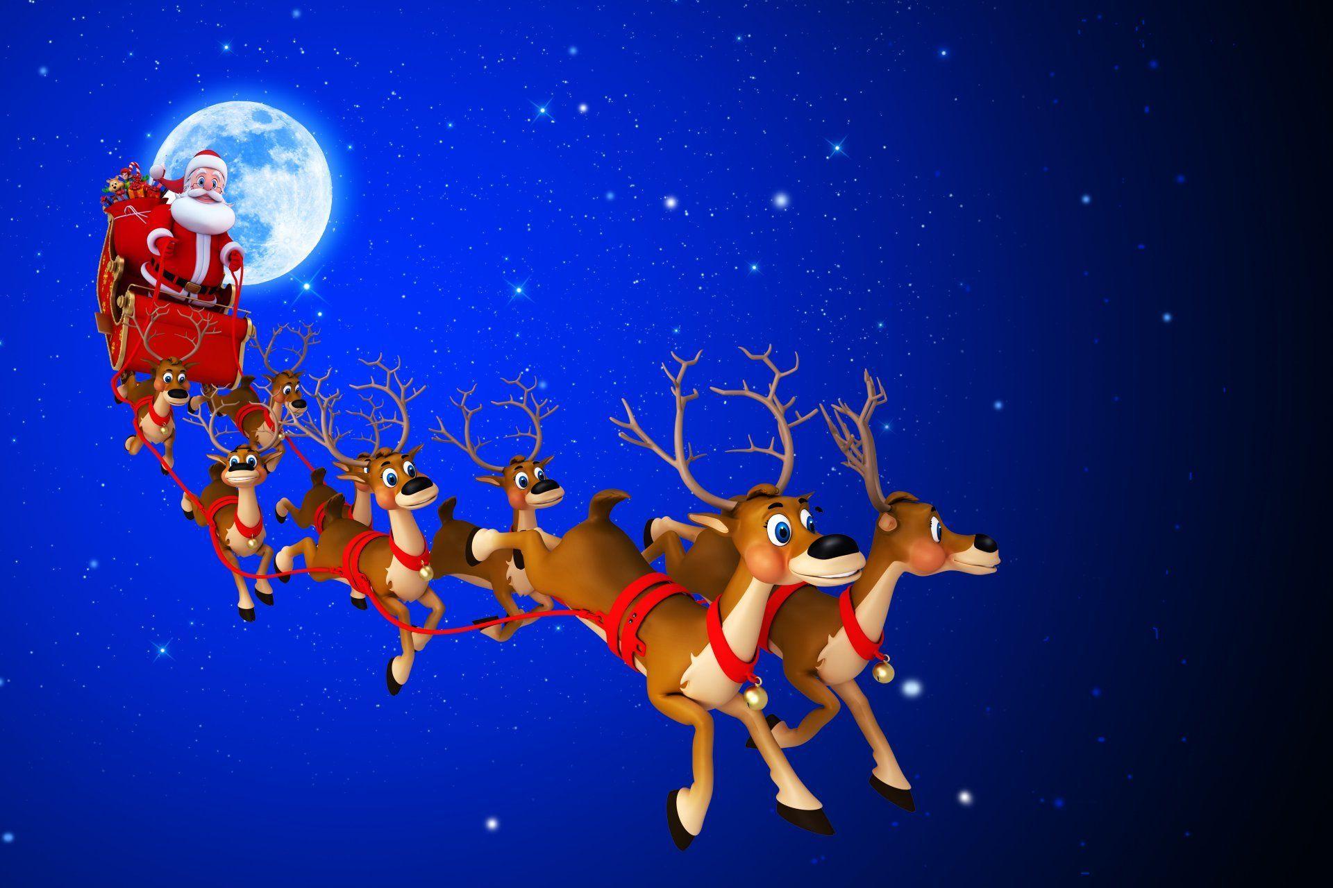 new year merry christmas santa's sleigh reindeer full moon stars sky