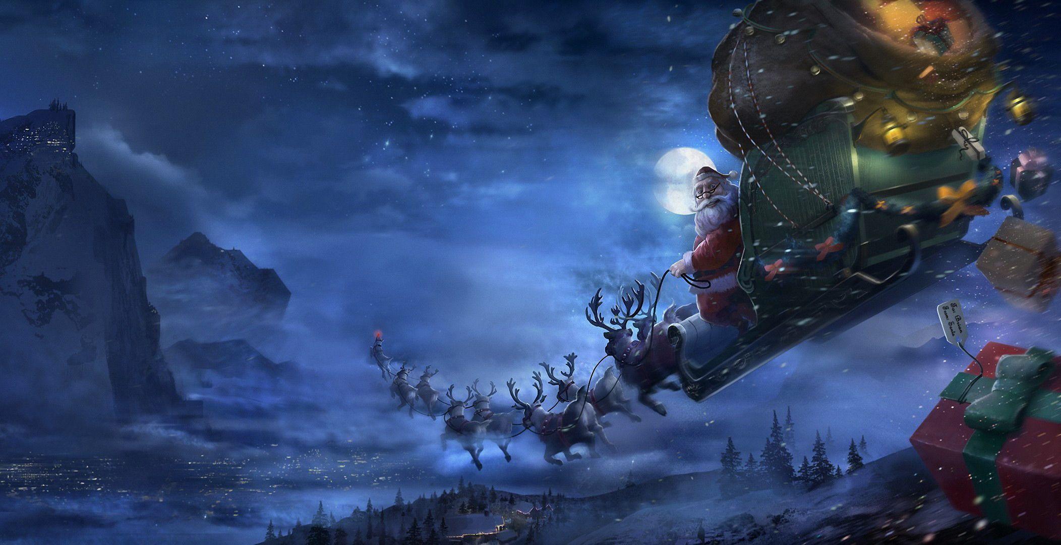 Santa with Sleigh and Reindeers in the Sky Christmas Background