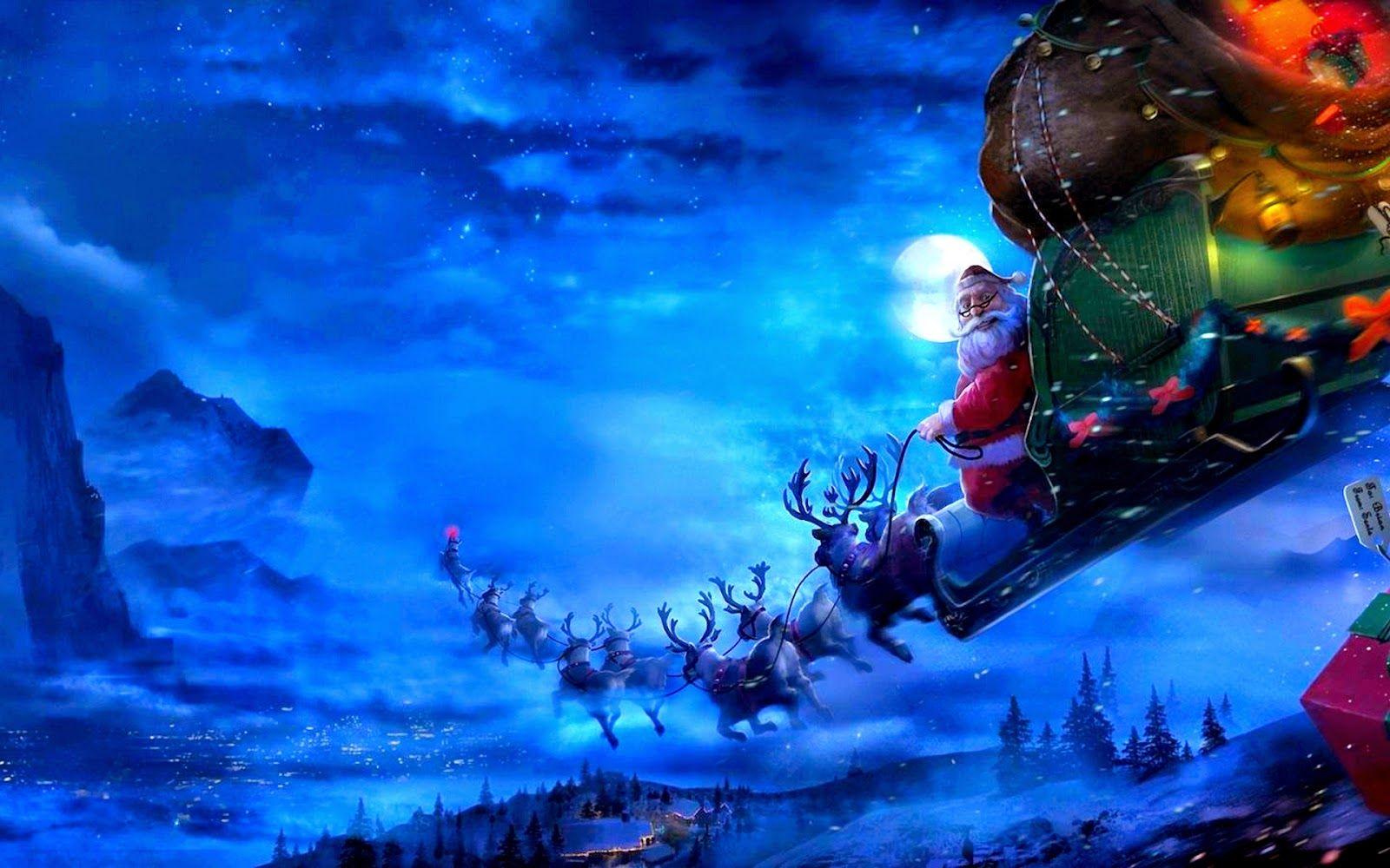 Santa Claus coming to town riding his reindeer sleigh flying in sky