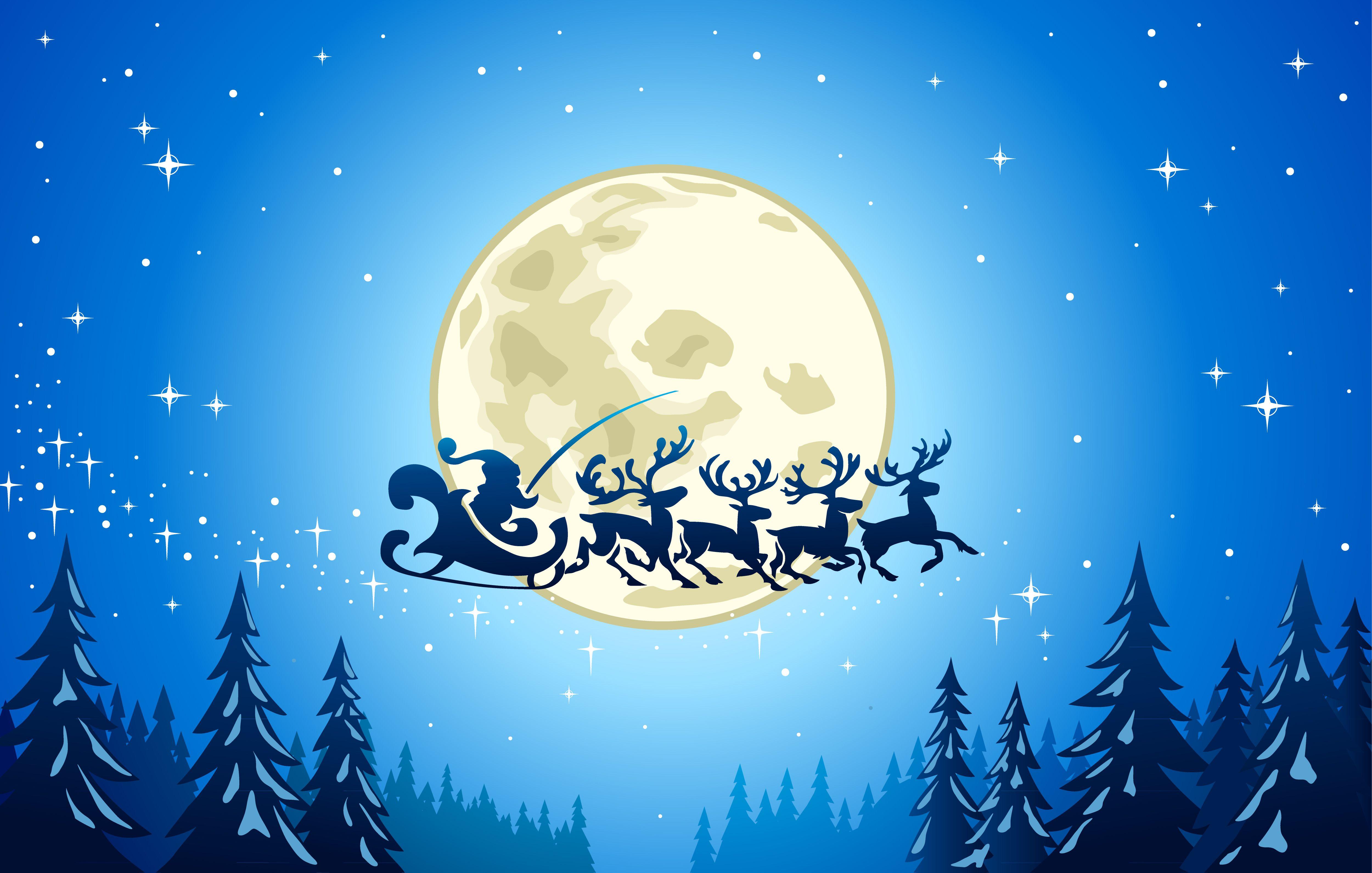 Picture Deer Christmas sledge Santa Claus Moon Holidays 5000x3181