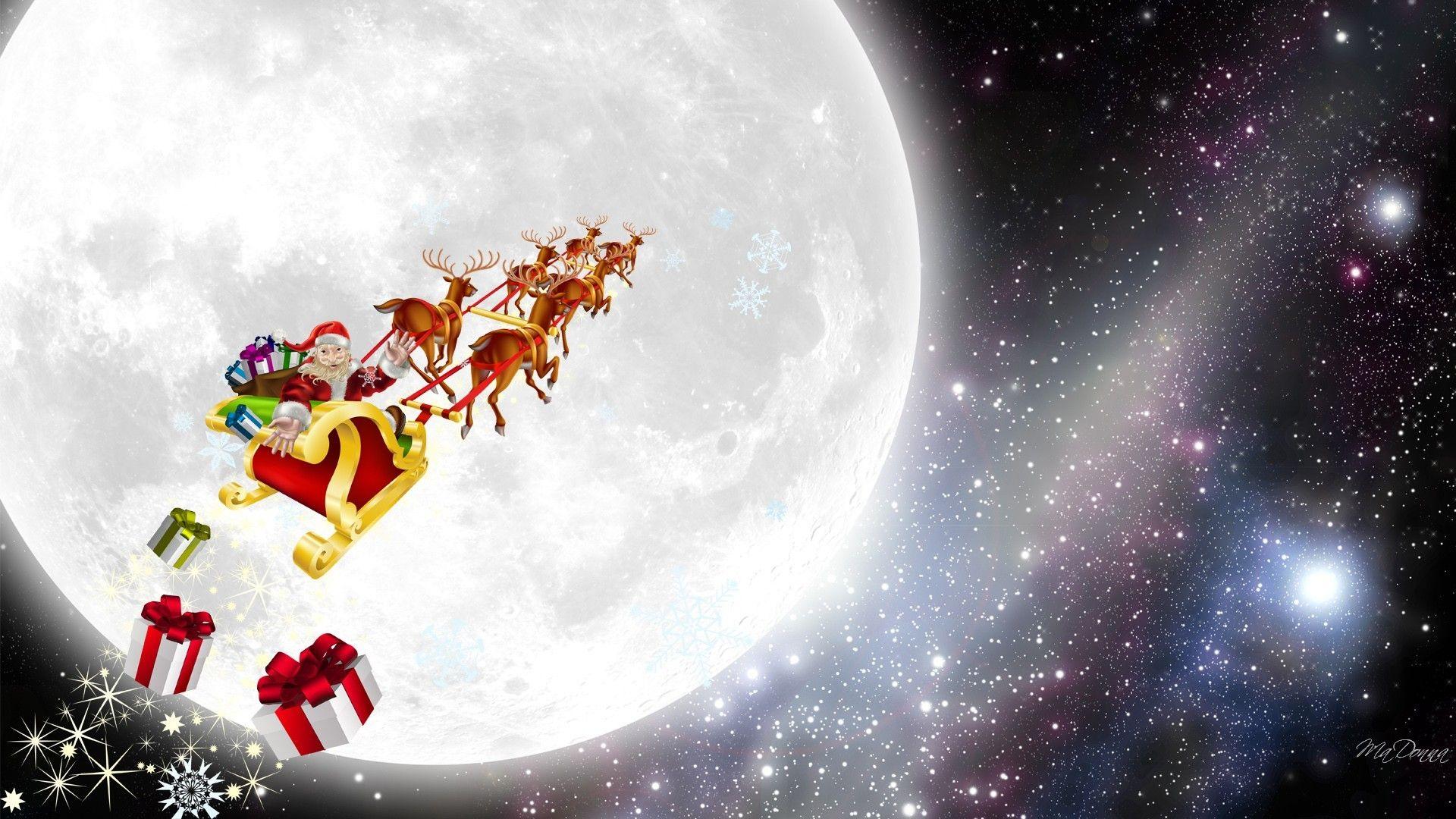Winter Christmas Sleigh Eve Moon Reindeers Spirit Dropping Sky Gifts
