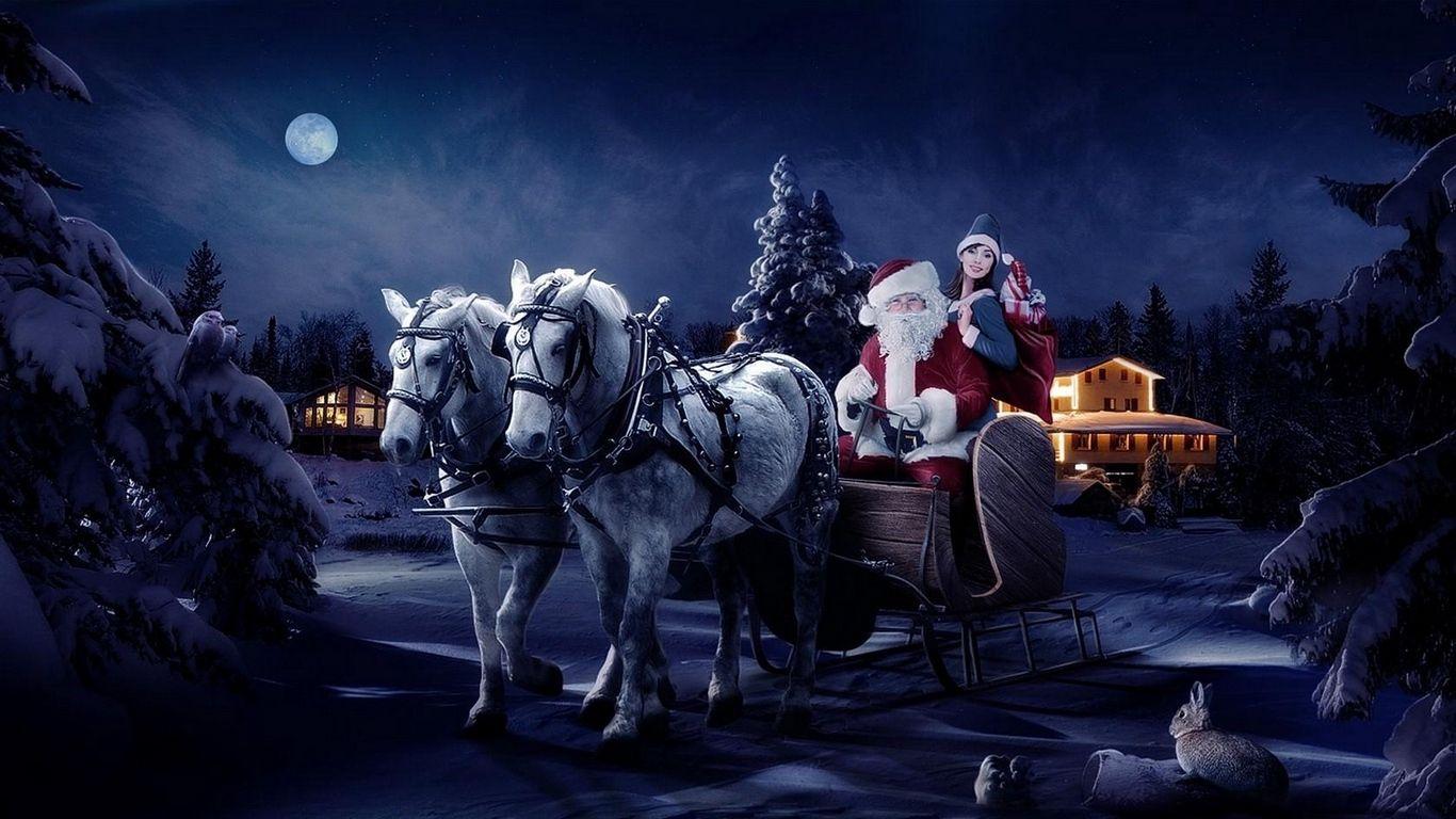 Download wallpaper 1366x768 santa claus, sleigh, girl, horse, tree