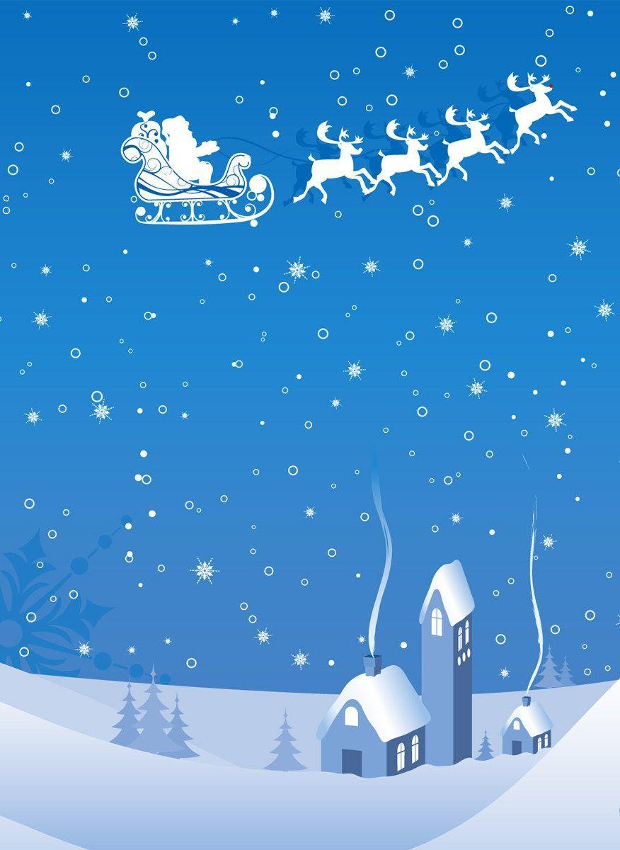 Santa and his sleigh rides over the snowy town. Santa Claus
