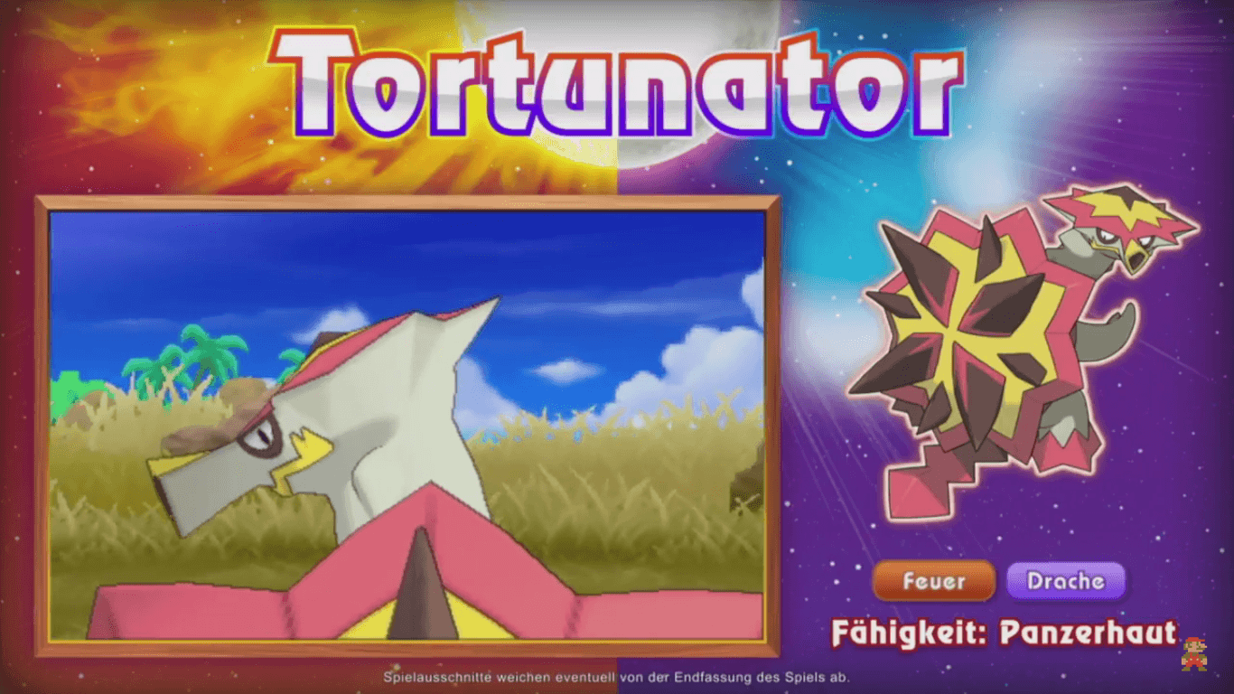 Turtonator (Tortunator is the Deutsch name). Pokémon Sun and Moon