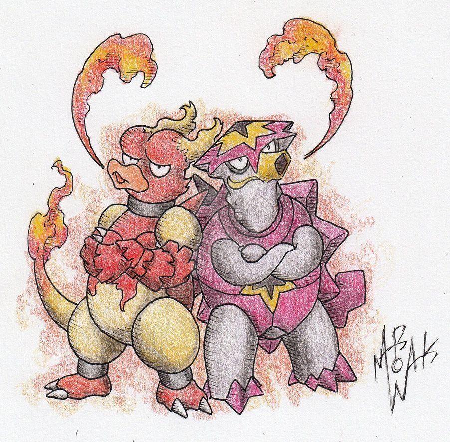 Turtonator and Magmar, the fiery flaming bros