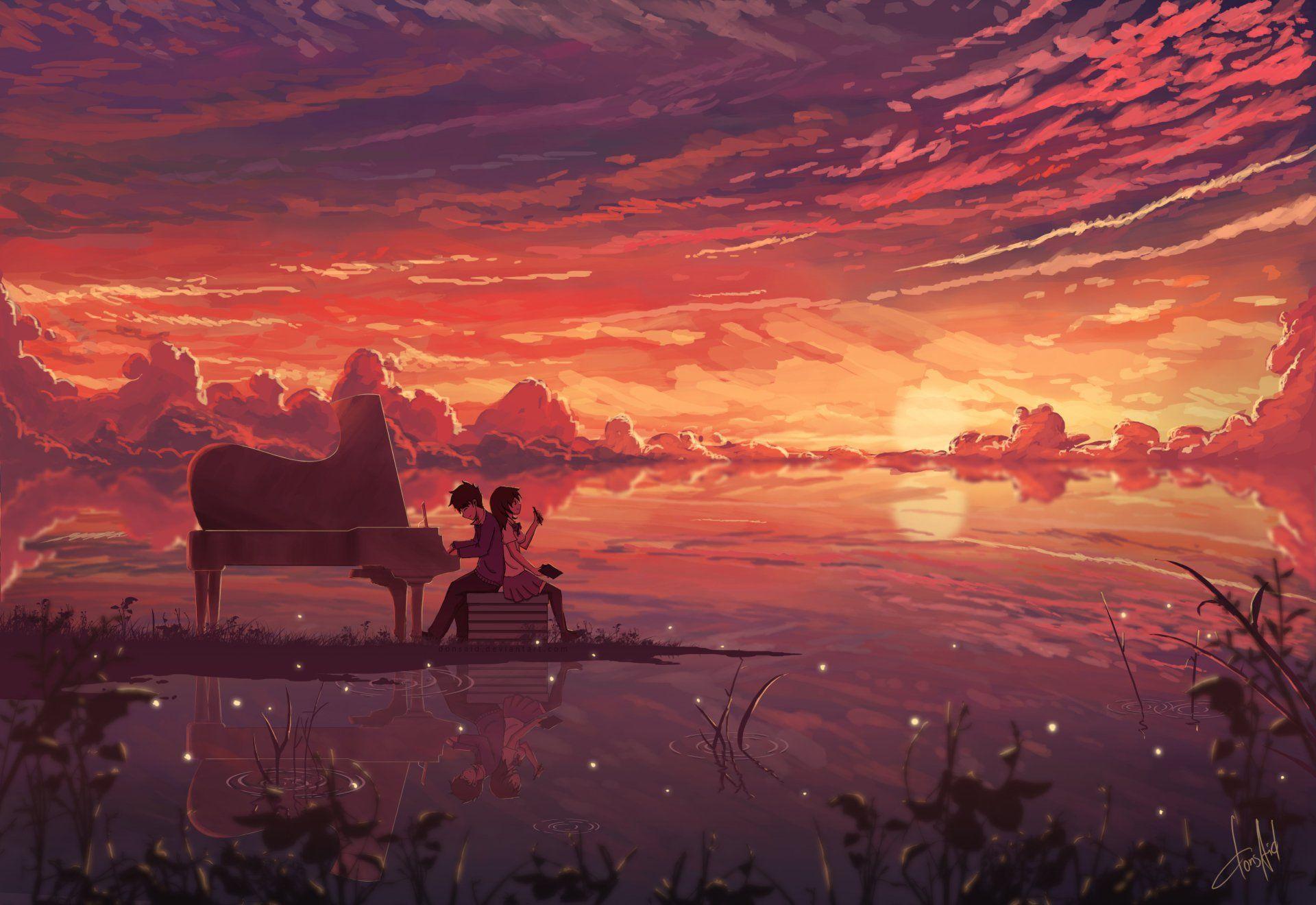 Anime Original Piano Girl Boy Sunset Sky Cloud Headphones Anime