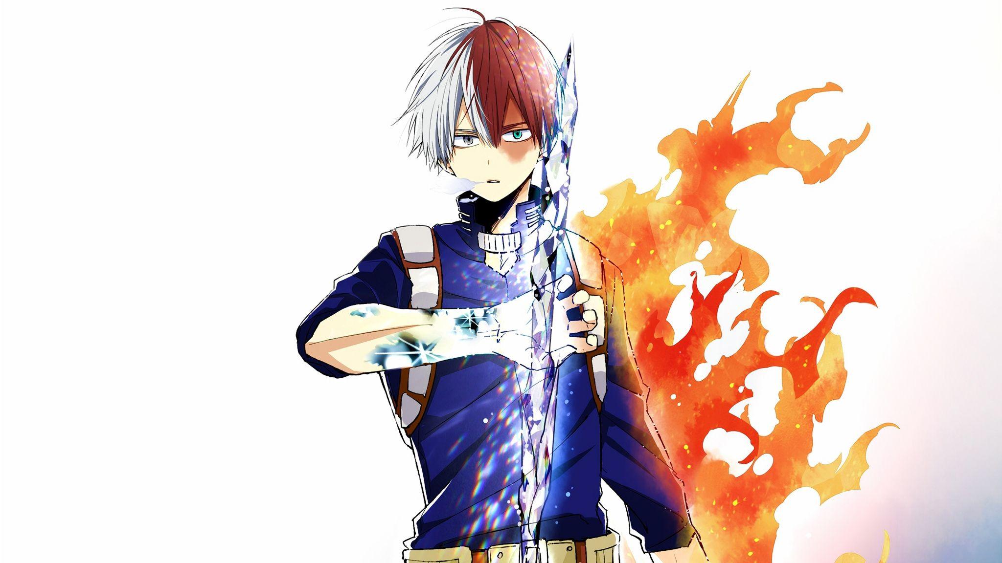 Download 2048x1152 wallpaper anime, shouto todoroki, ice and fire