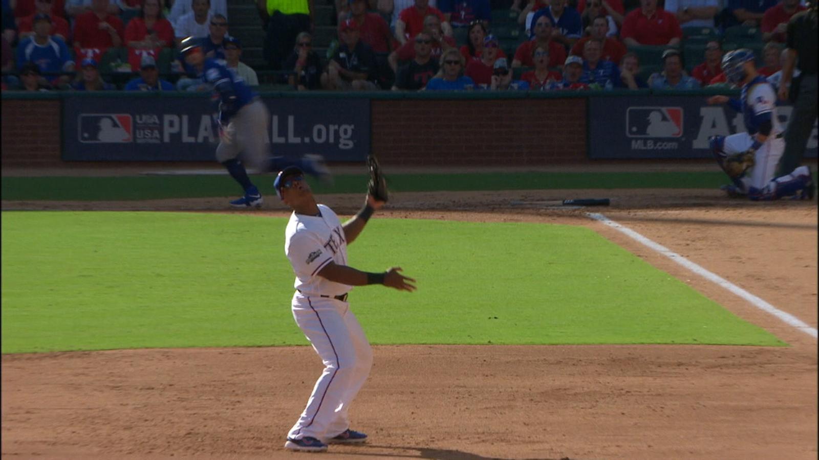 Josh Donaldson's double ricochets off Adrian Beltre's glove