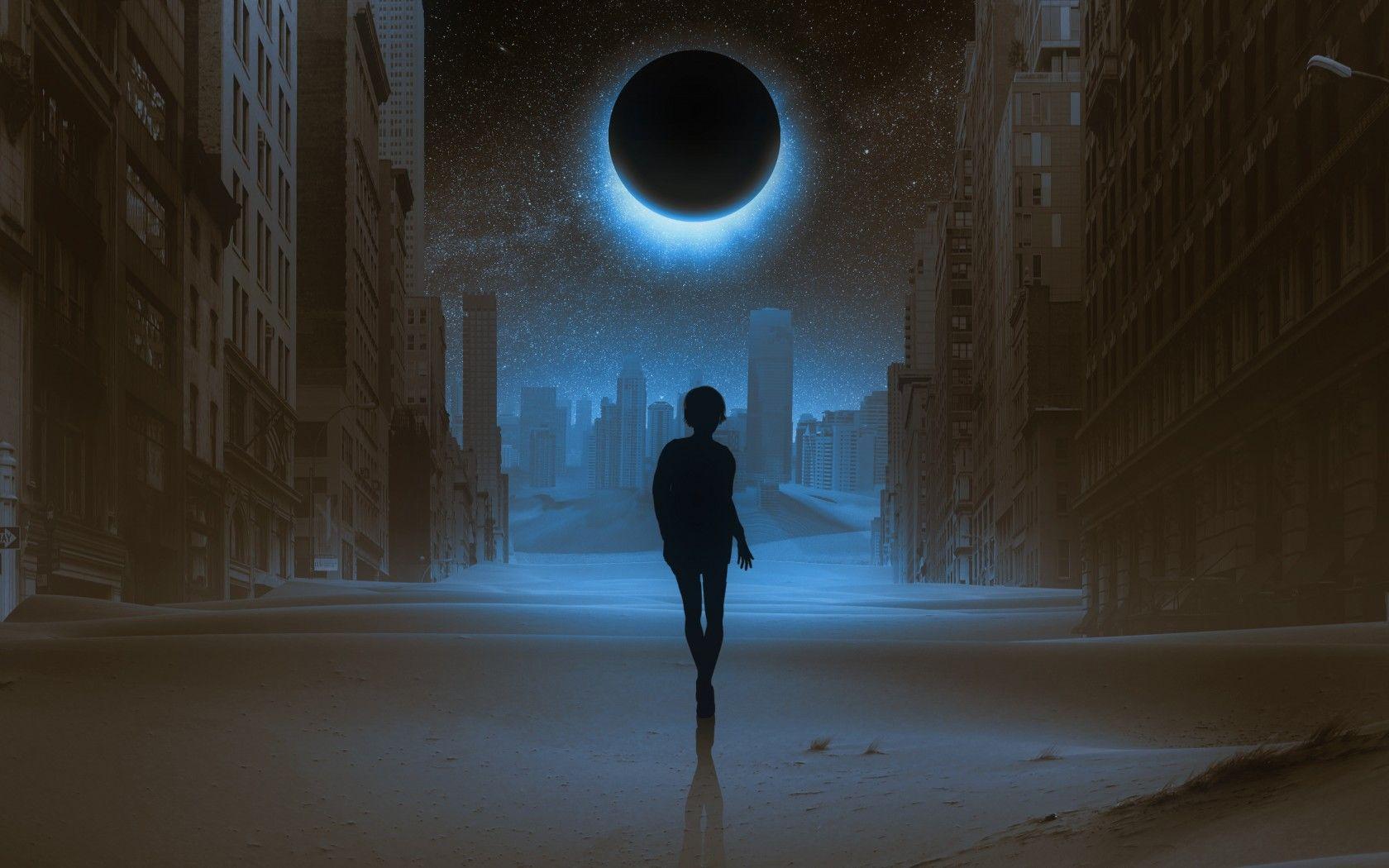Download 1680x1050 Full Moon, Woman Silhouette, Buildings, Sci Fi