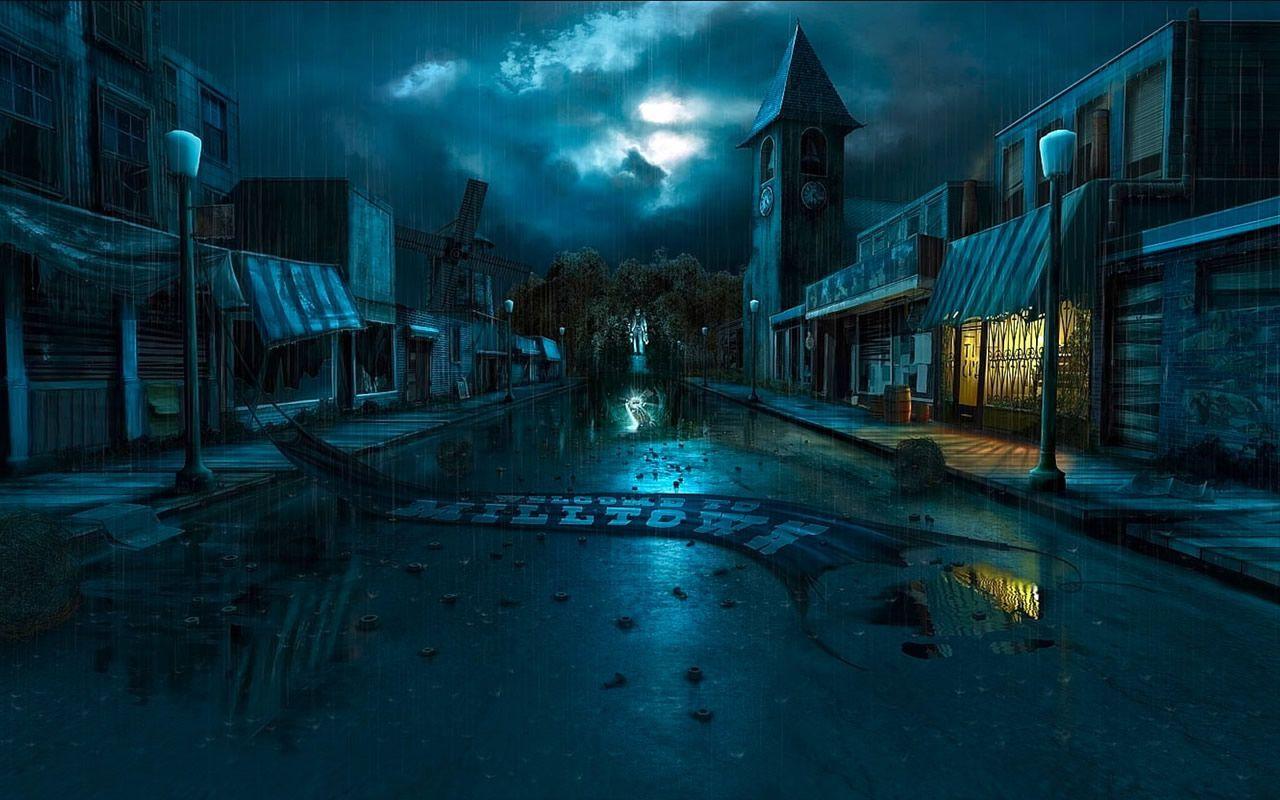 dark rainy street in the moonlight. Artwork & Photography