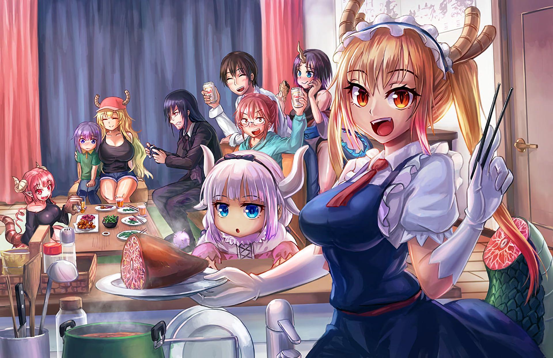 Group of anime character gathering inside room with foods on table