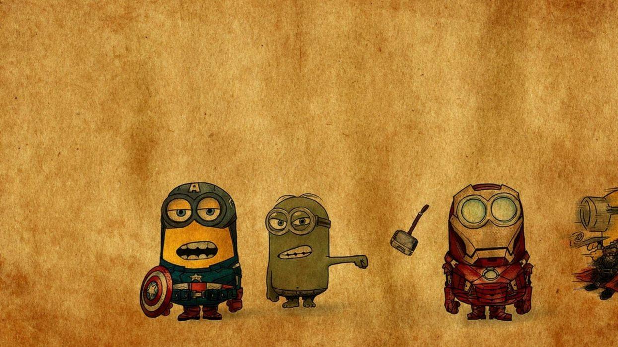 Iron Man Thor funny hammer Despicable Me angry minions crossovers punch singing Avengers punching Hulk wallpaperx1440