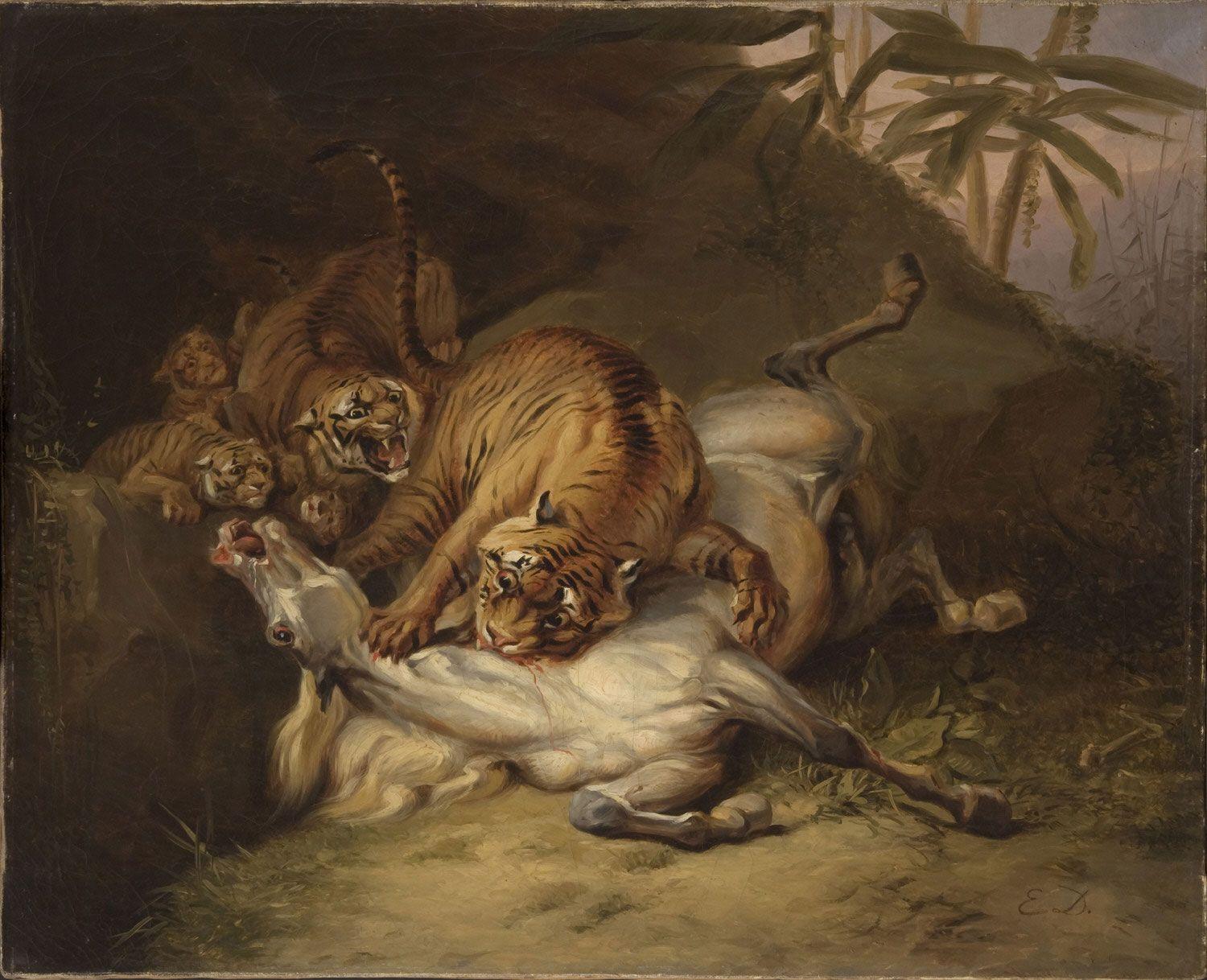Eugène Delacroix, paintings Tigers Devouring a Horse