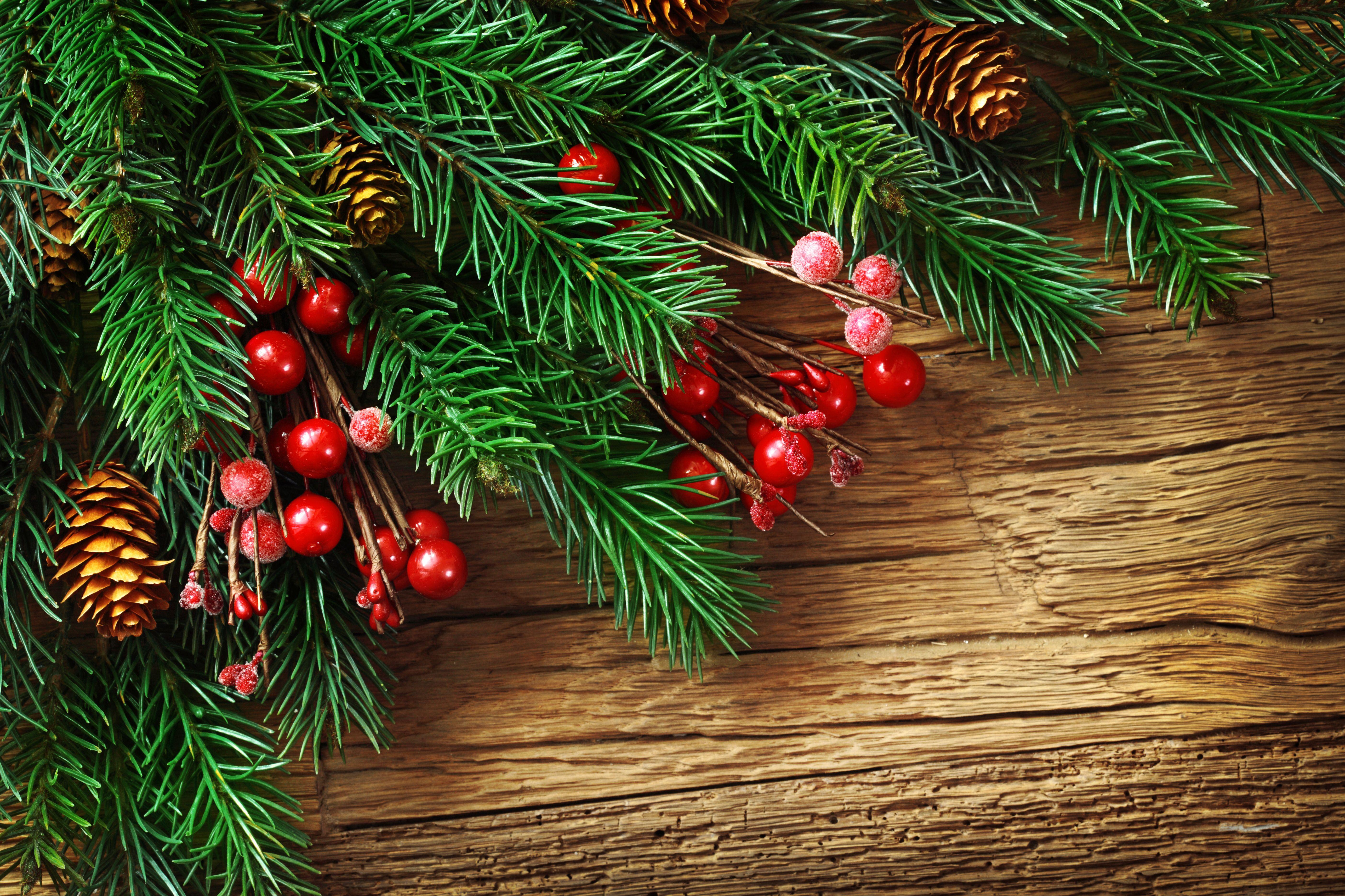 Wooden Christmas Backgrounds with Pine Branches​