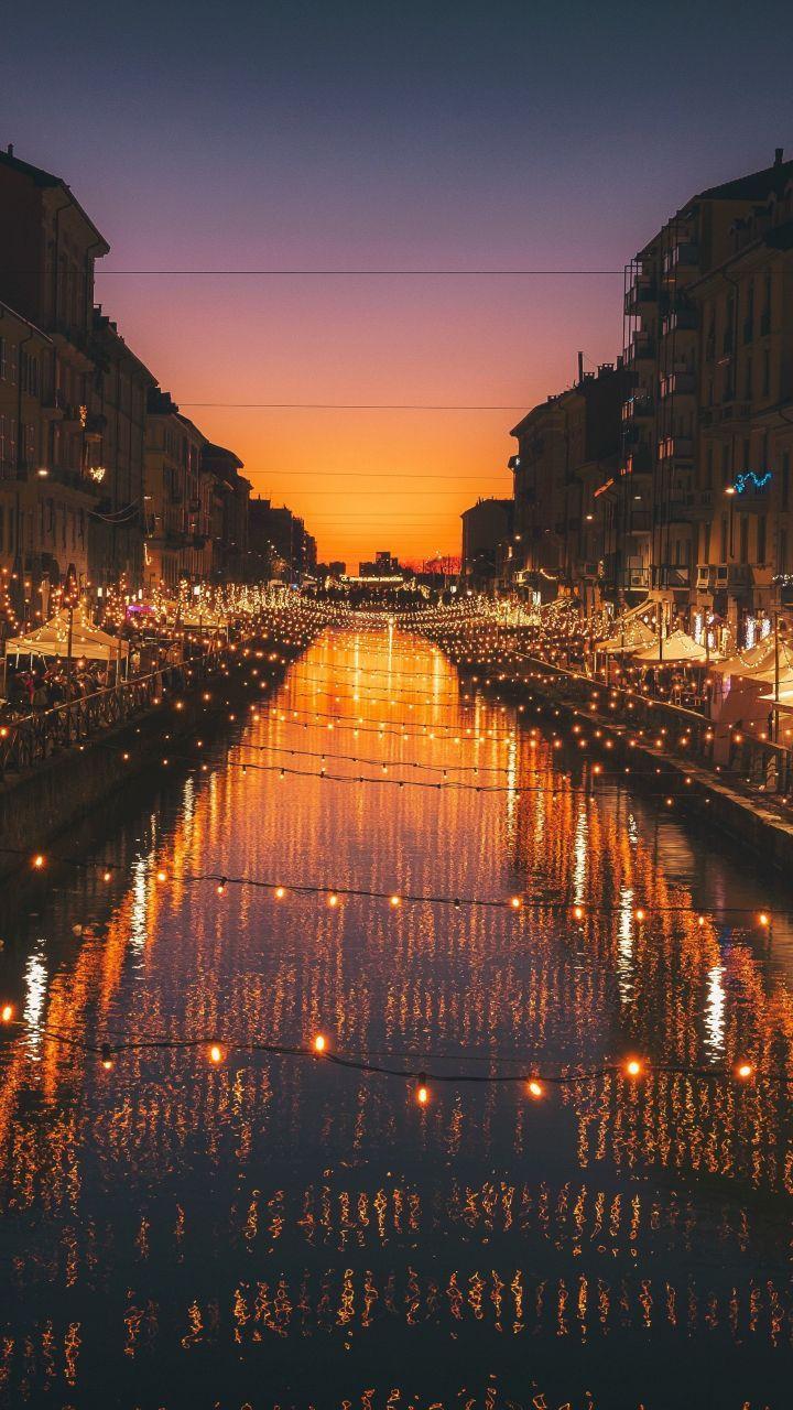 Milan, city, river, night, lights, celebrations, 720x1280 wallpaper