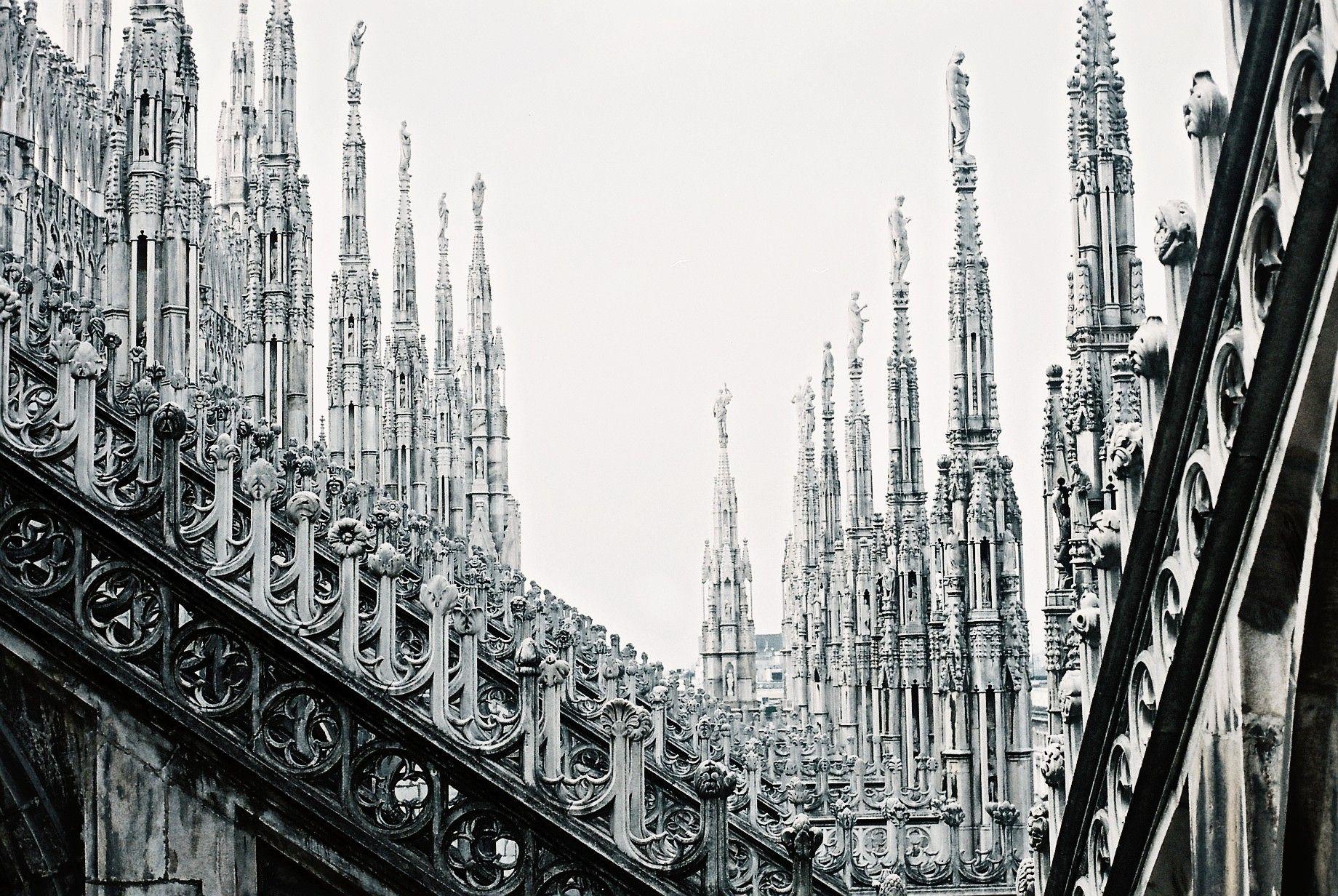 Stairways italy cathedral milan city stone buildings wallpaper