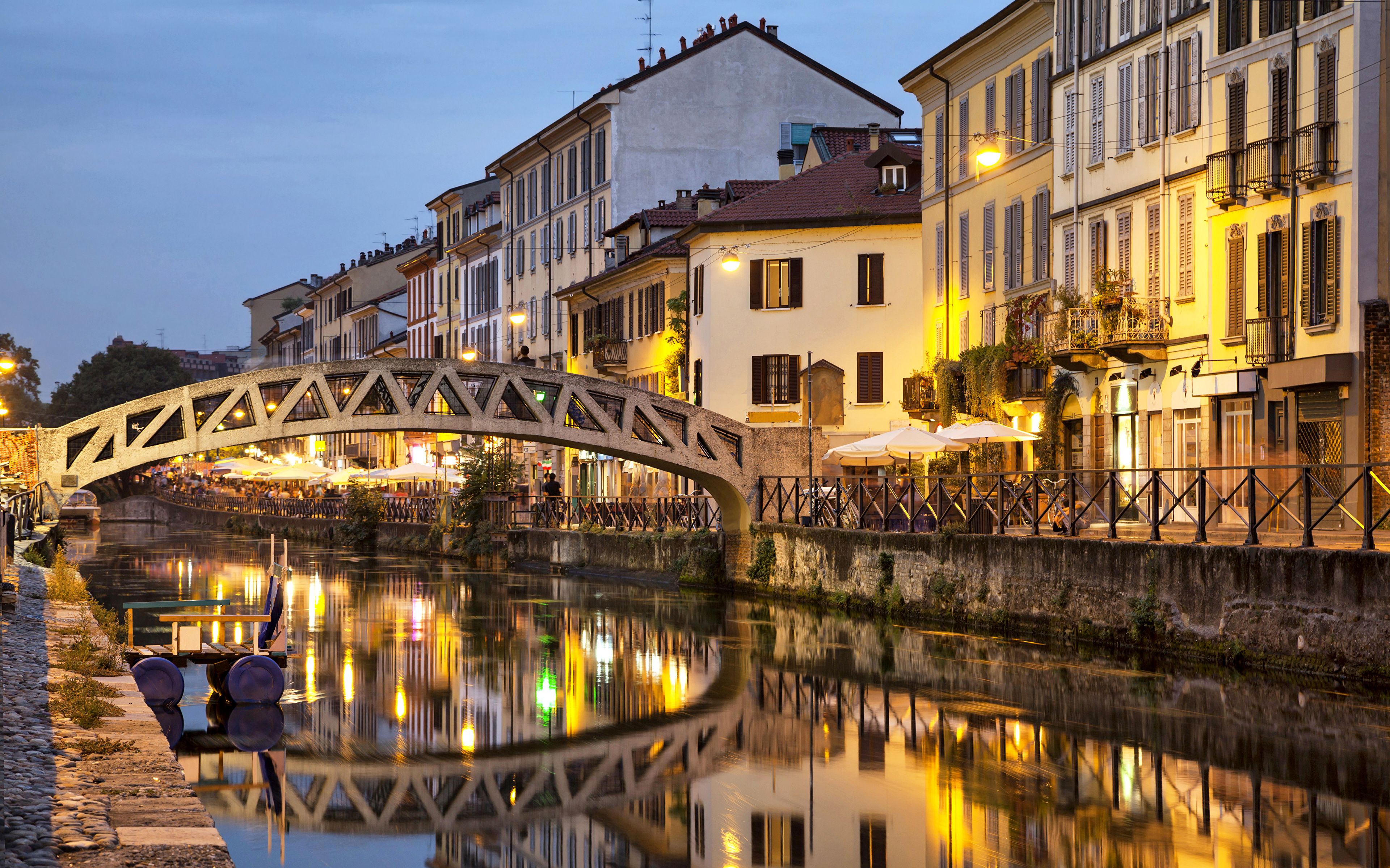 Photos Italy Milan Bridges Night Rivers Cities Houses 3840x2400