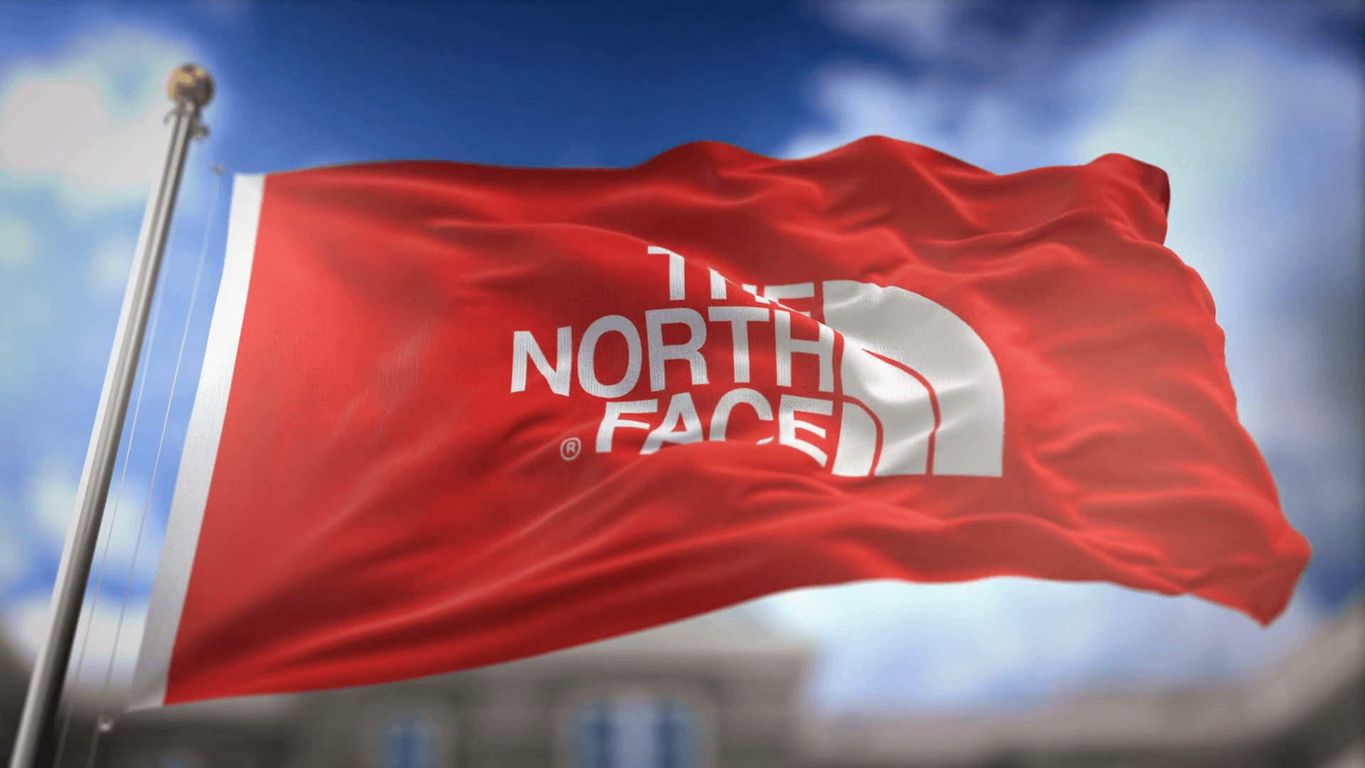 The North Face Red Flag Waving Slow Motion 3D Rendering Blue Sky