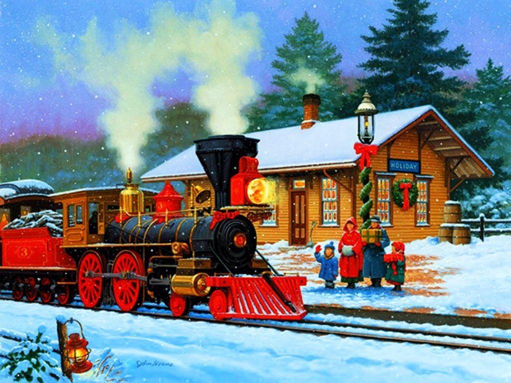 Santa Claus winter train ride in the north pole express delivering