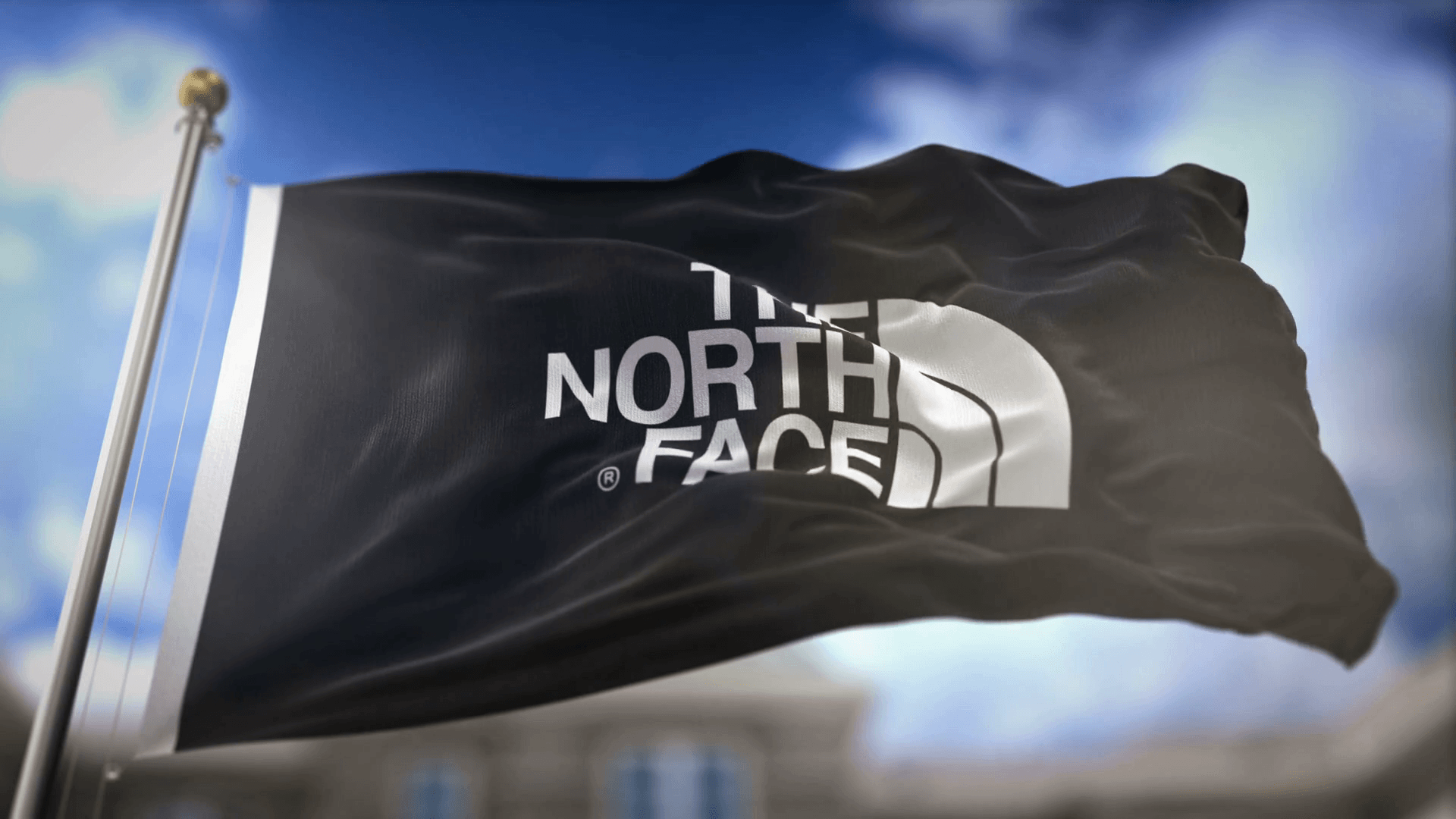 The North Face Black Flag Waving Slow Motion 3D Rendering Blue Sky