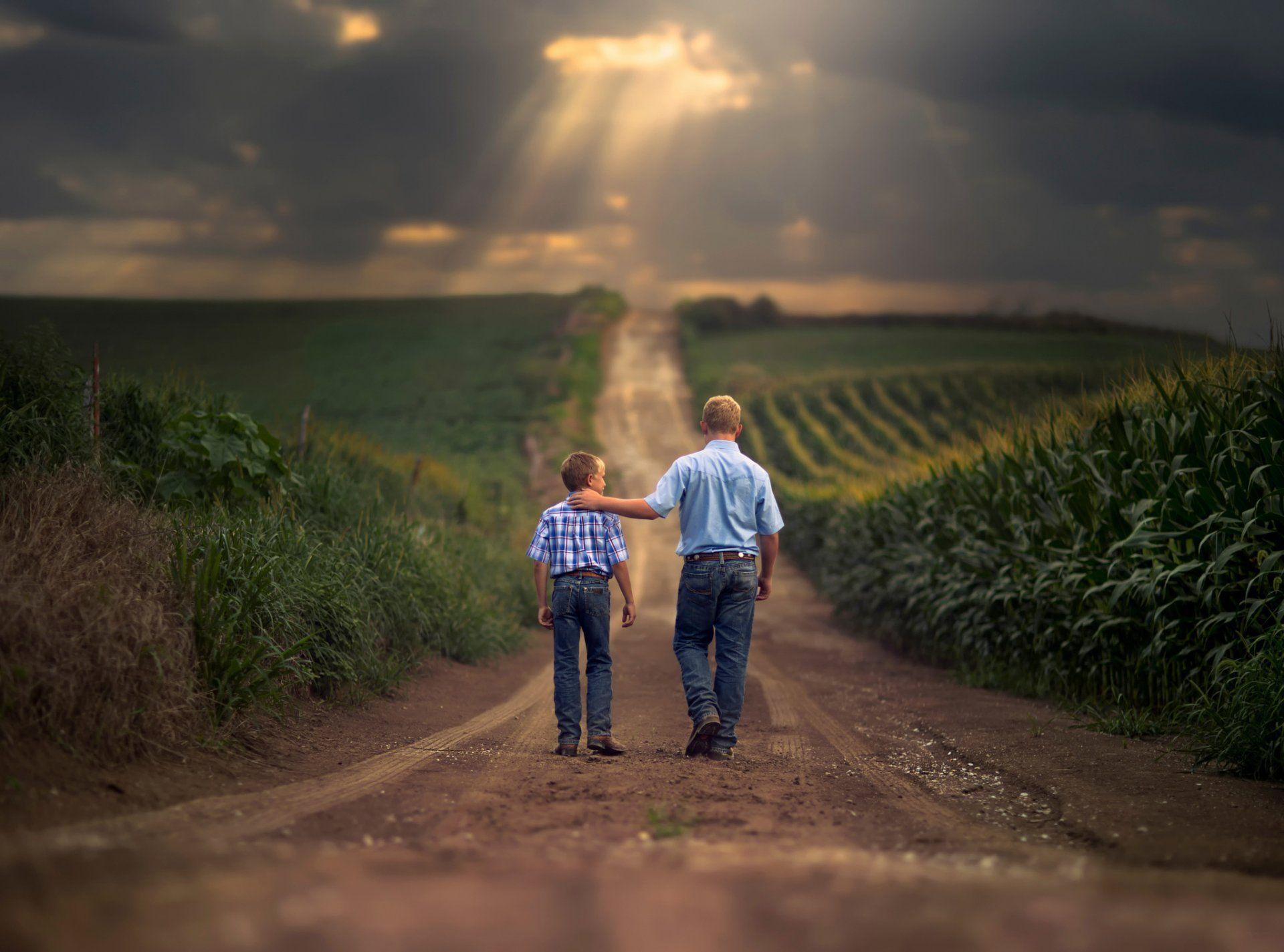 farm boys father son road of the field space HD wallpaper