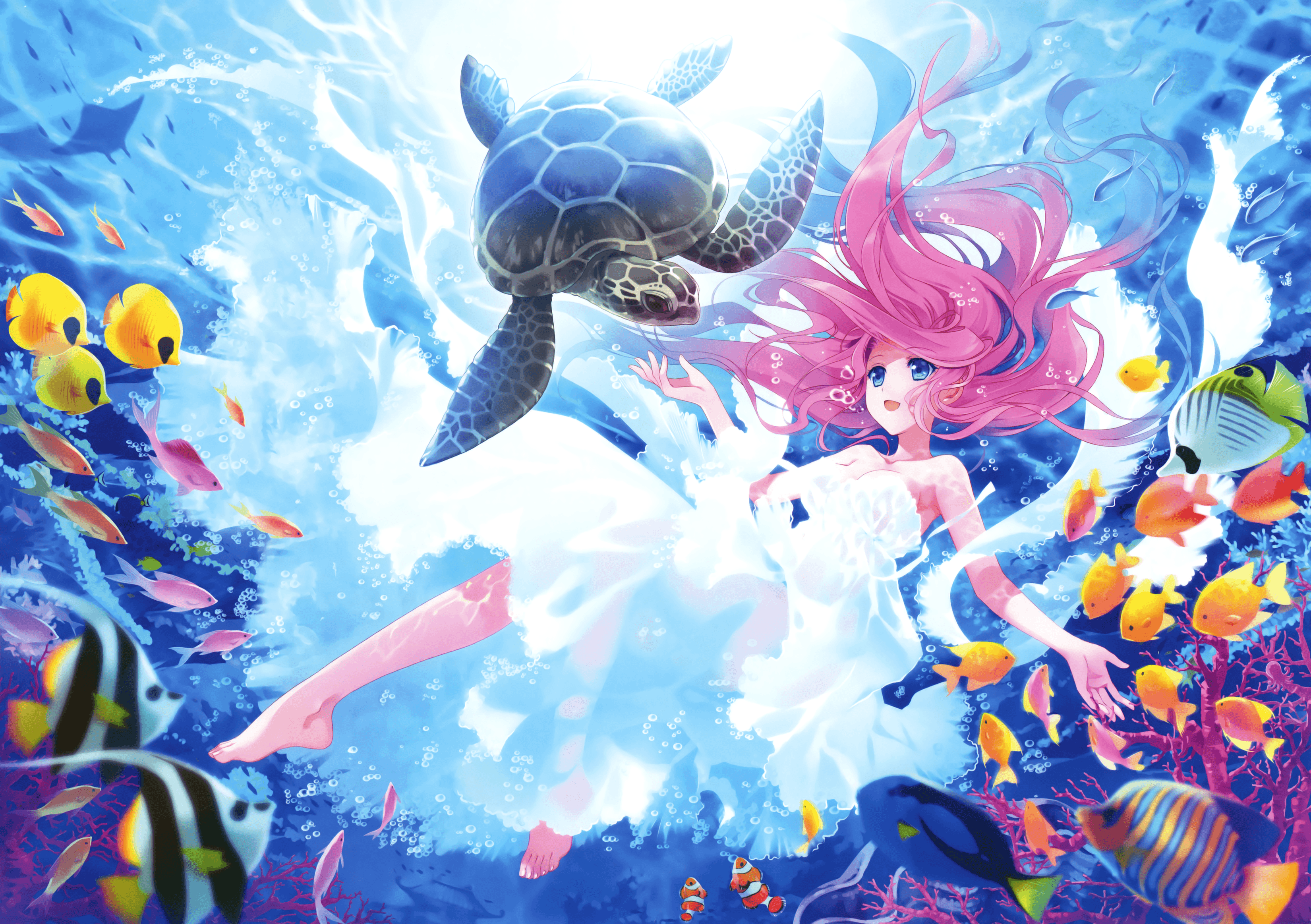 Wallpaper Kawaii, Mermaid, Turtle, Fishes, Underwater, HD, Anime