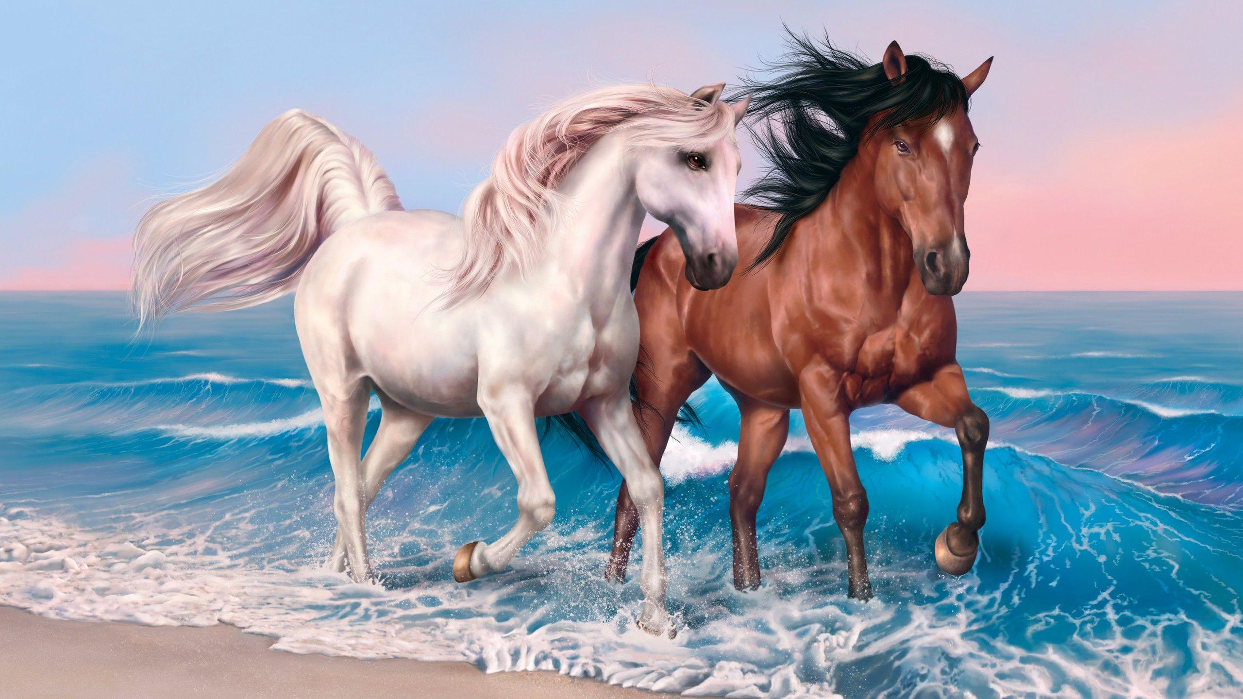 Wallpaper horses, 4k, HD wallpaper, run, sea, ocean, sunset, white, brown, OS