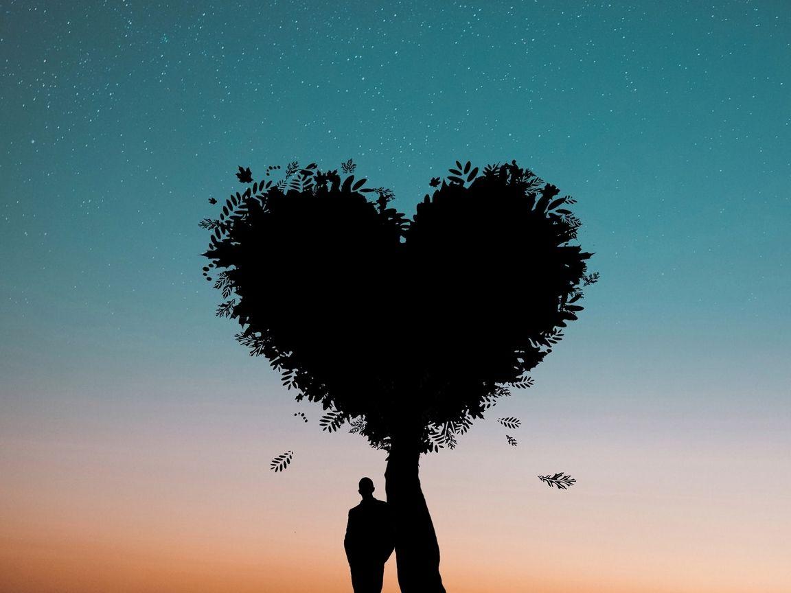 Download wallpaper 1152x864 silhouette, heart, love, tree, person