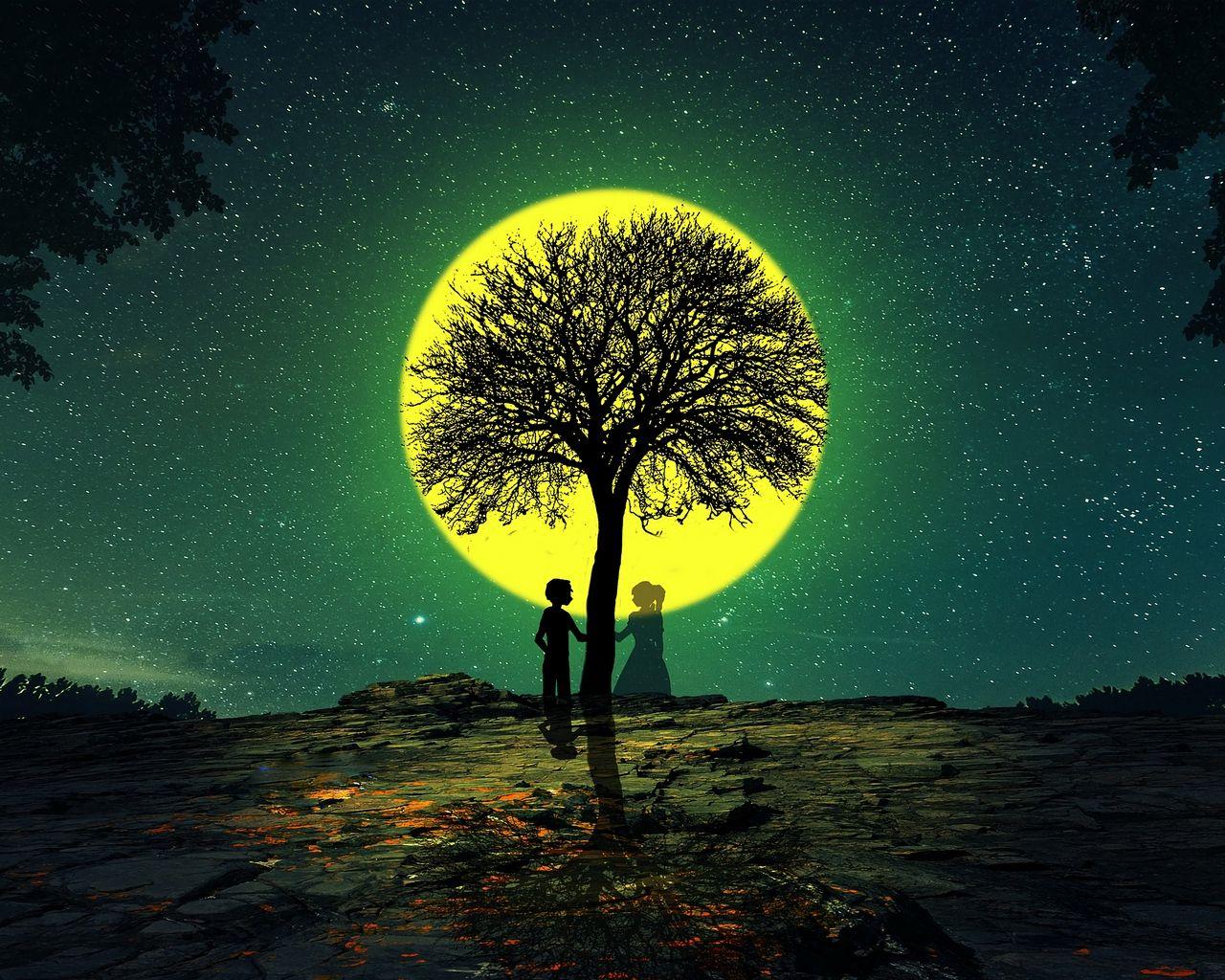 Download wallpaper 1280x1024 silhouettes, love, tree, night standard