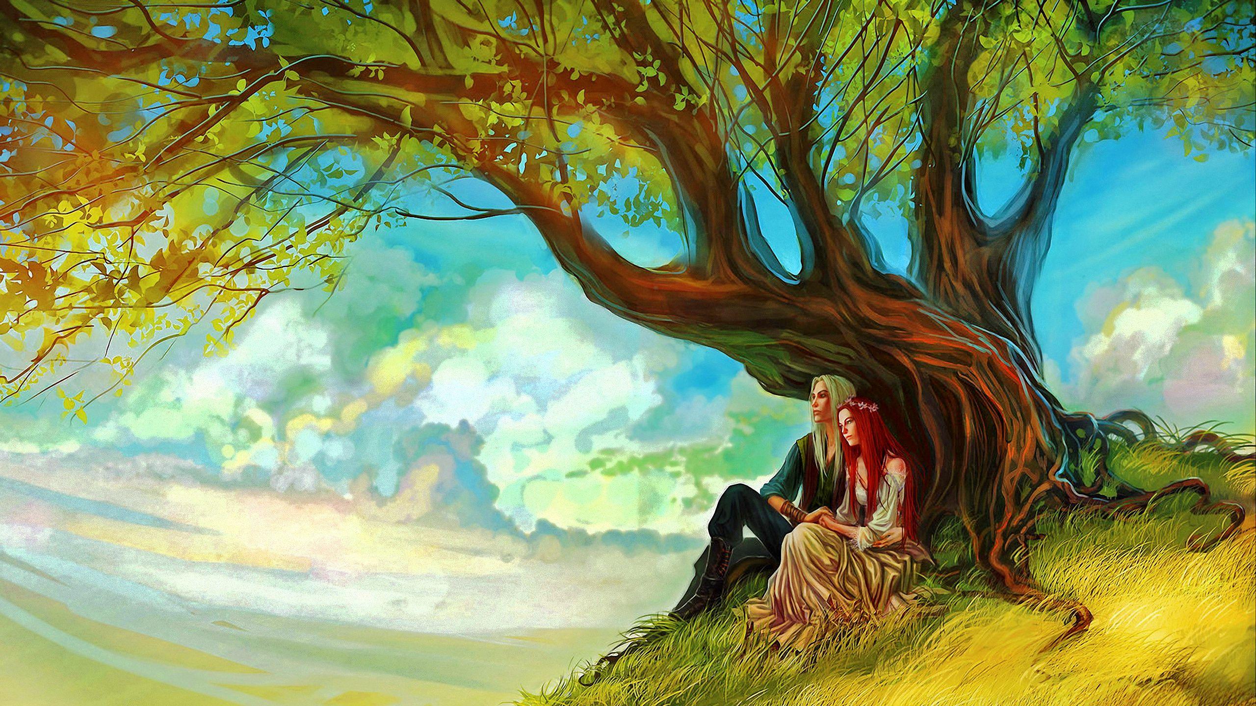Download Fantasy Love Tree Elf Woman Man Couple HD Wallpaper