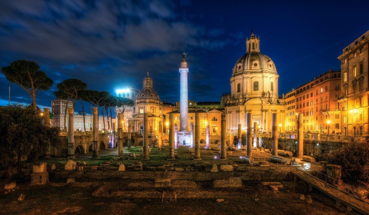 Italy Ruins Famous buildings Trajans Forum Rome Night Cities