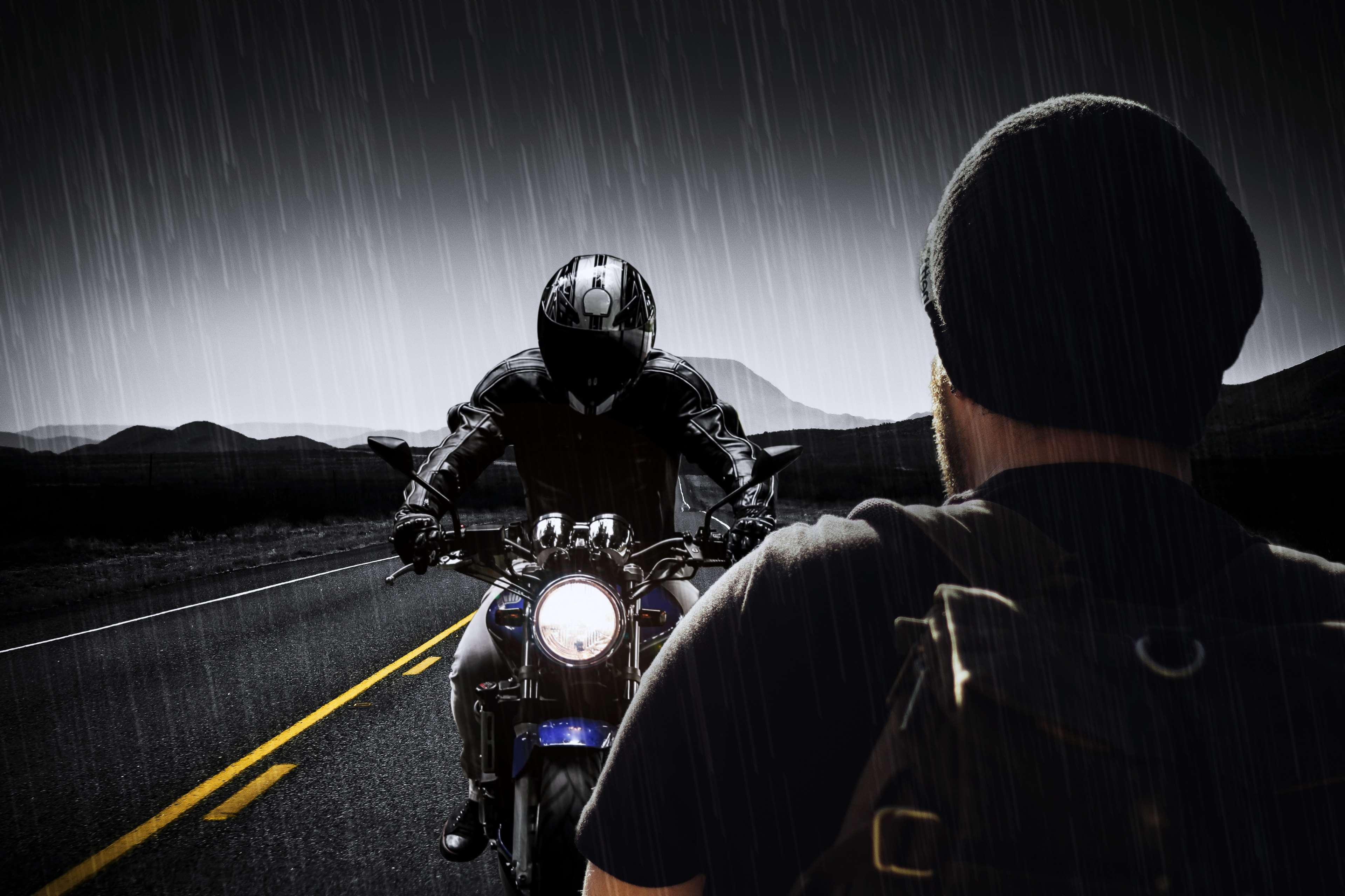 background, bike, helmet, manipulation, motorcycle, mystery, rain