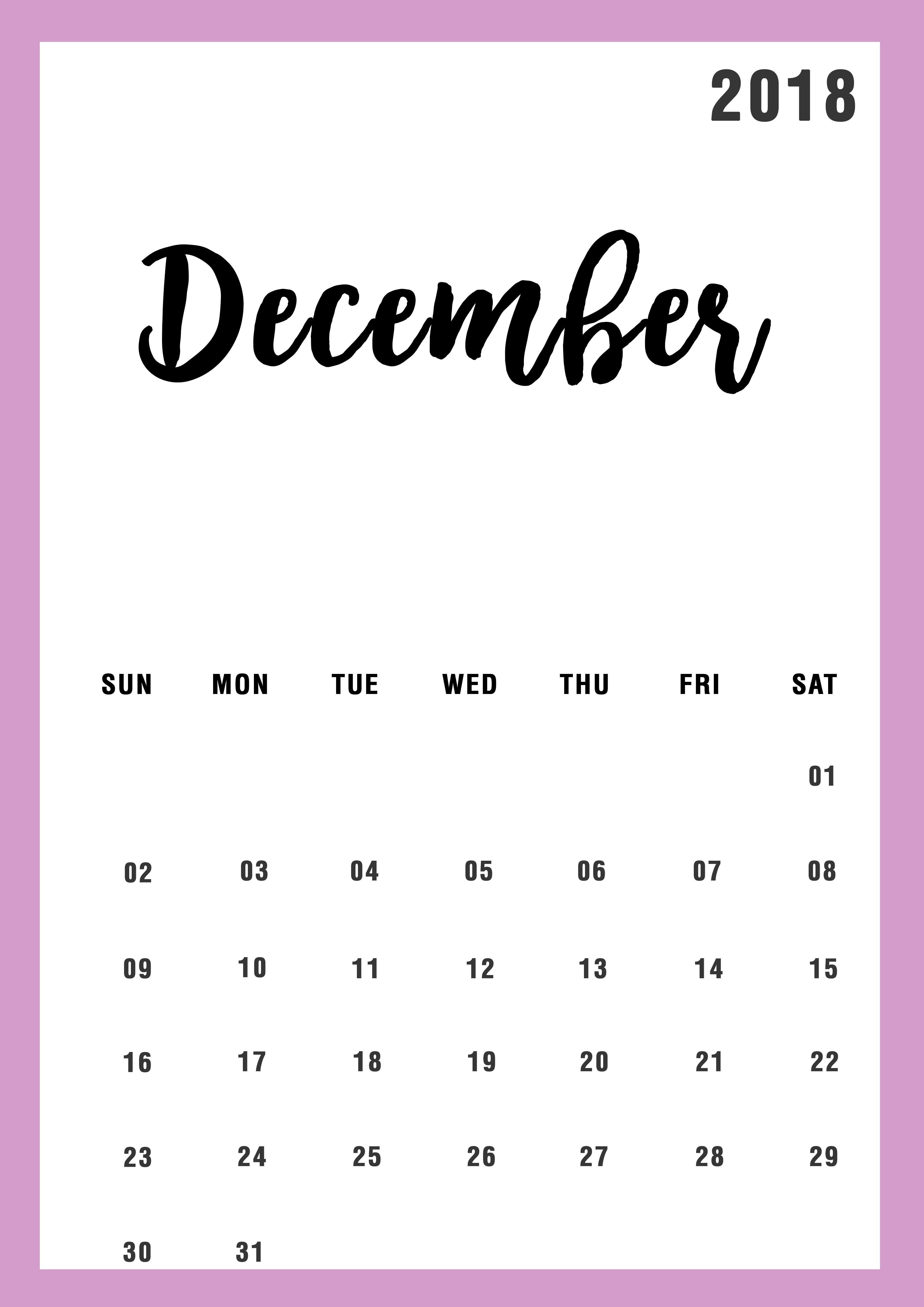 December 2018 Calendar design. My journal in 2018