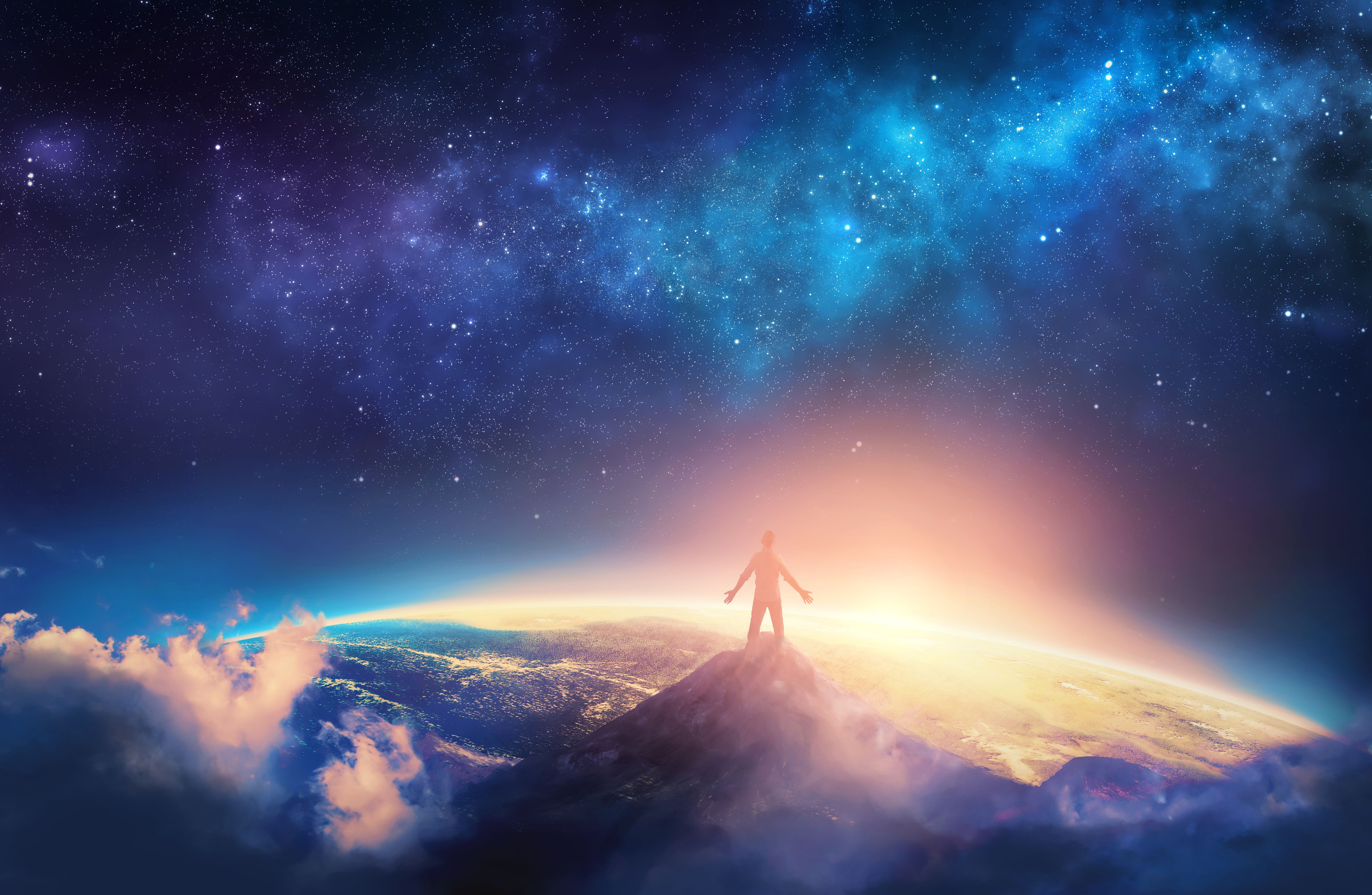 Wallpaper Man, Standing, Mountain top, Space, Peak, 4K, Fantasy