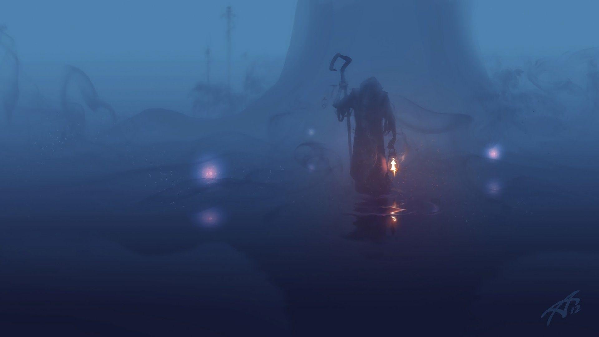 Download 1920x1080 Wanderer, Magic, Lamp, Staff, Fog, Tree, Water