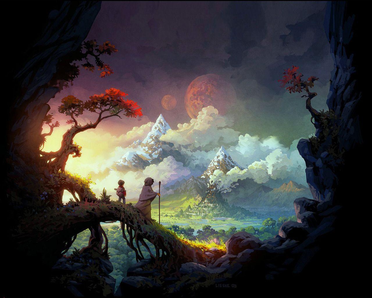 Wallpaper art, fantasy, mountains, tree, wanderer, wayfarer desktop