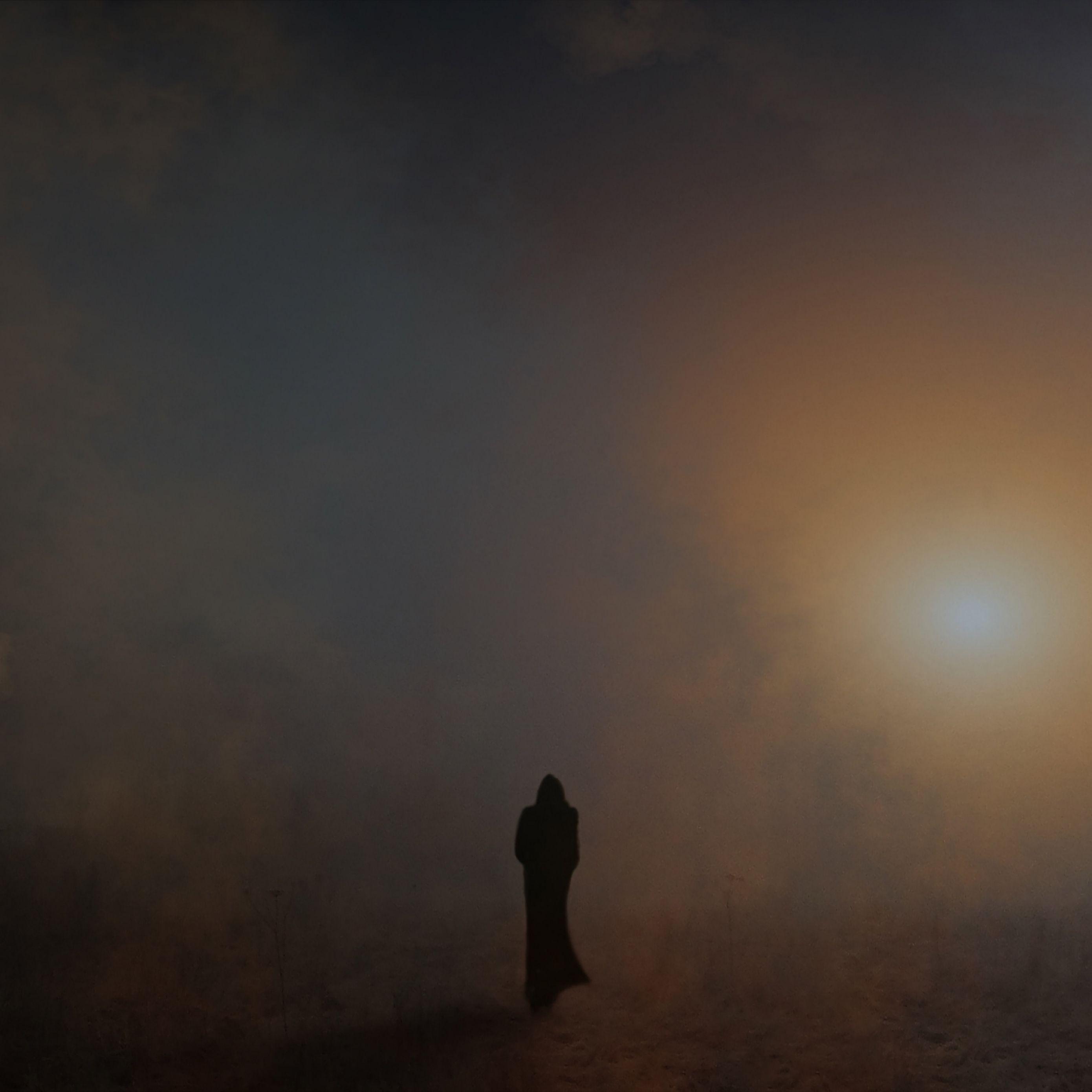 Download wallpaper 2780x2780 silhouette, fog, mantle, wanderer