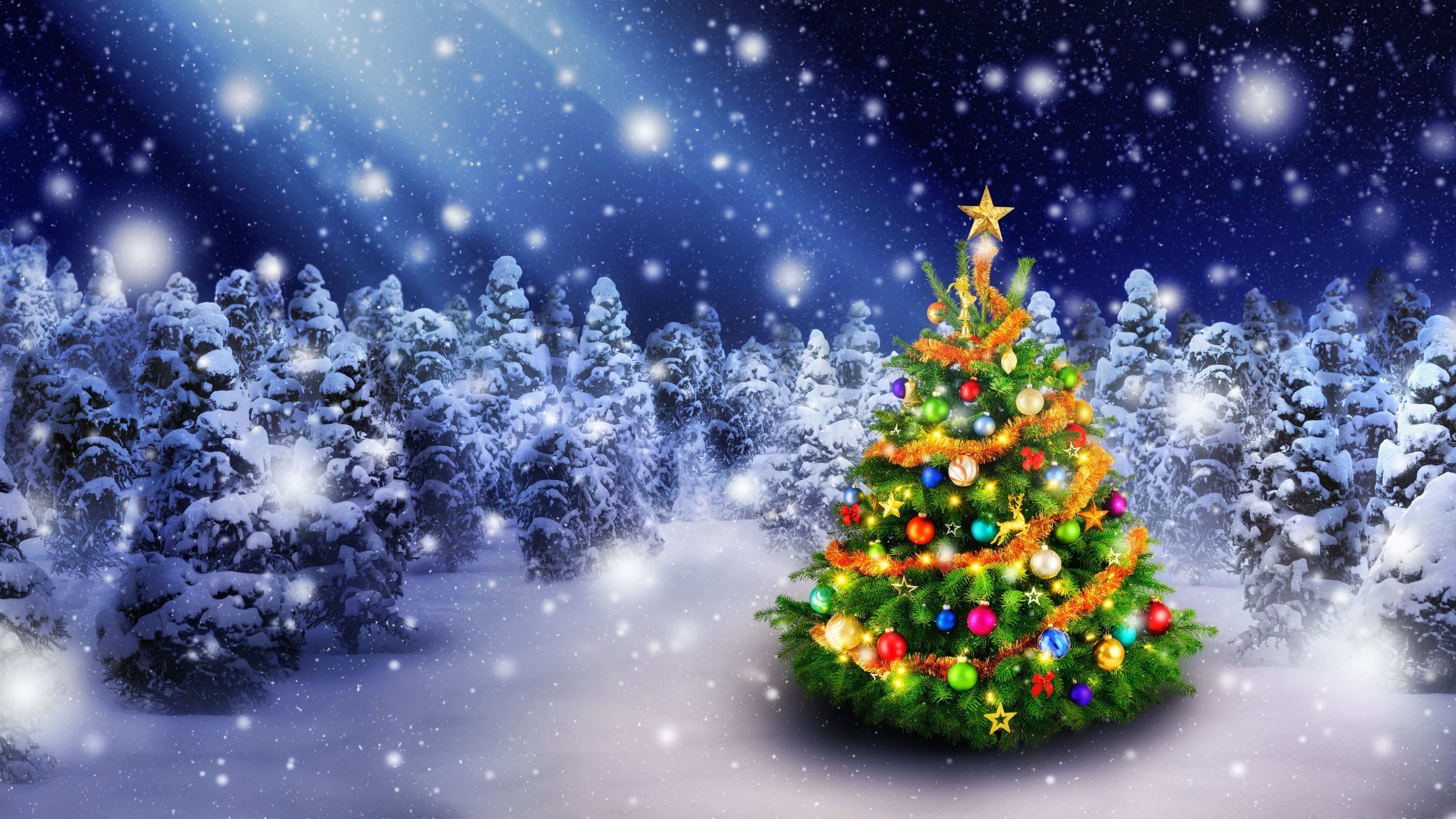 Wallpaper Christmas tree, Spruce trees, Decoration, Snowfall, 5K