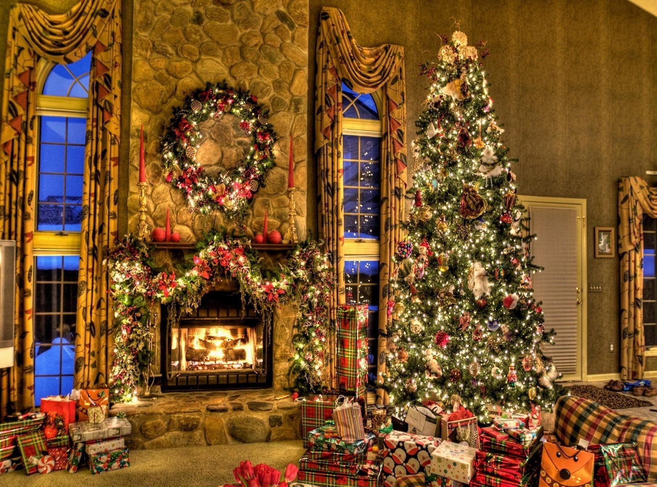 image of christmas decorated homes. Christmas Tree and Fireplace