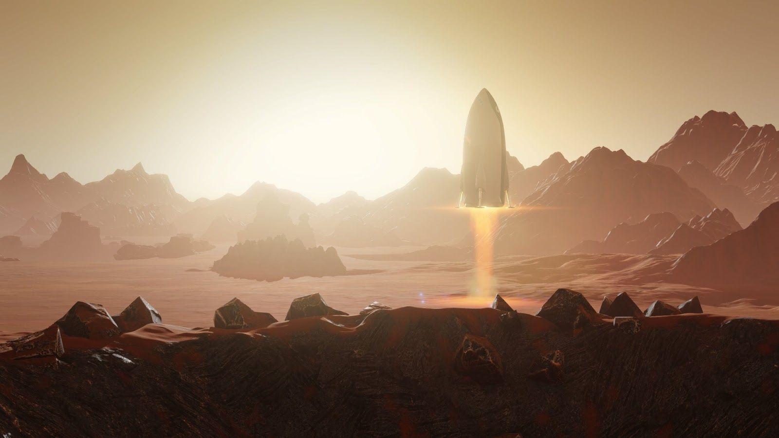 Spaceship landing on Mars from Surviving Mars game future
