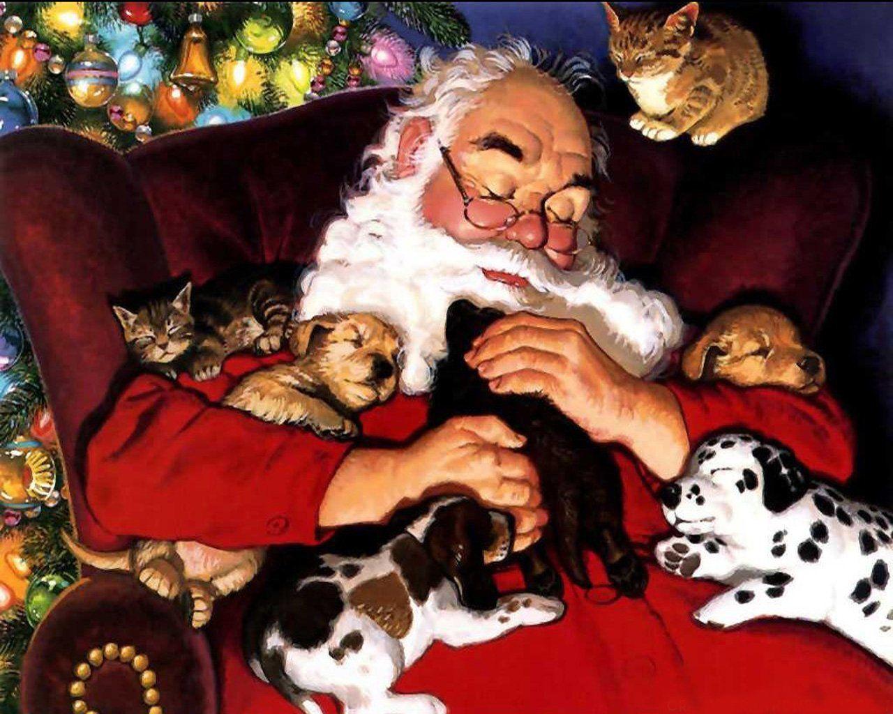 Holiday Christmas Santa Claus Santa Kitten Dog Cat Puppy Wallpaper