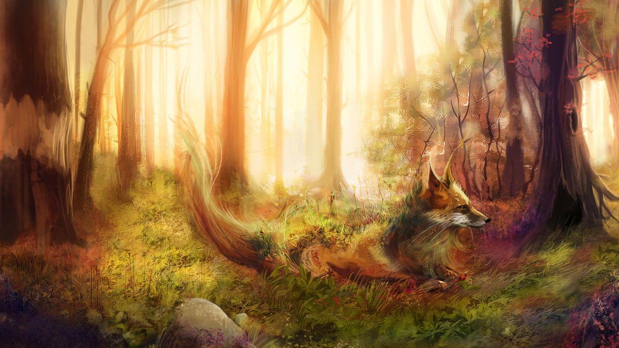 Foxes Painting Art Forest Animals fox wallpaperx1080