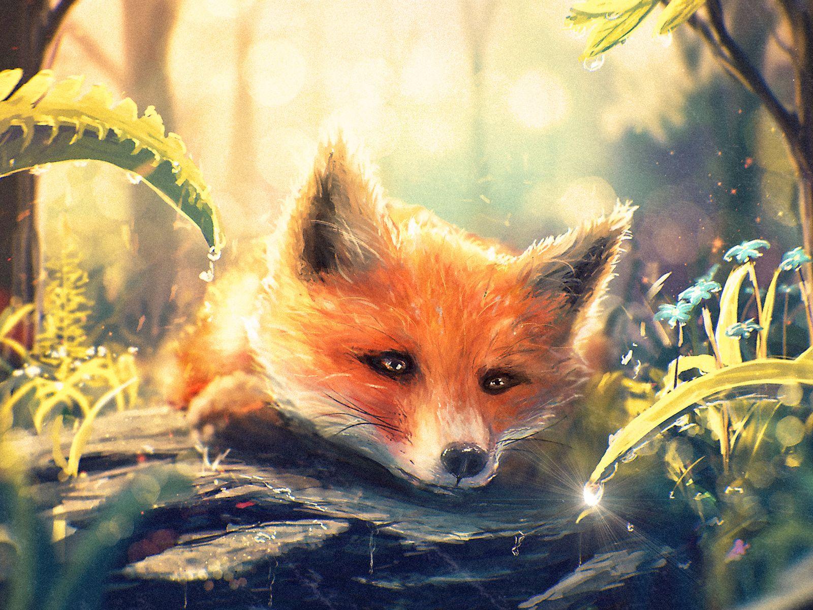 Drop, Painting Ideas, Muzzle, Grass, Forest, Fox, Painting