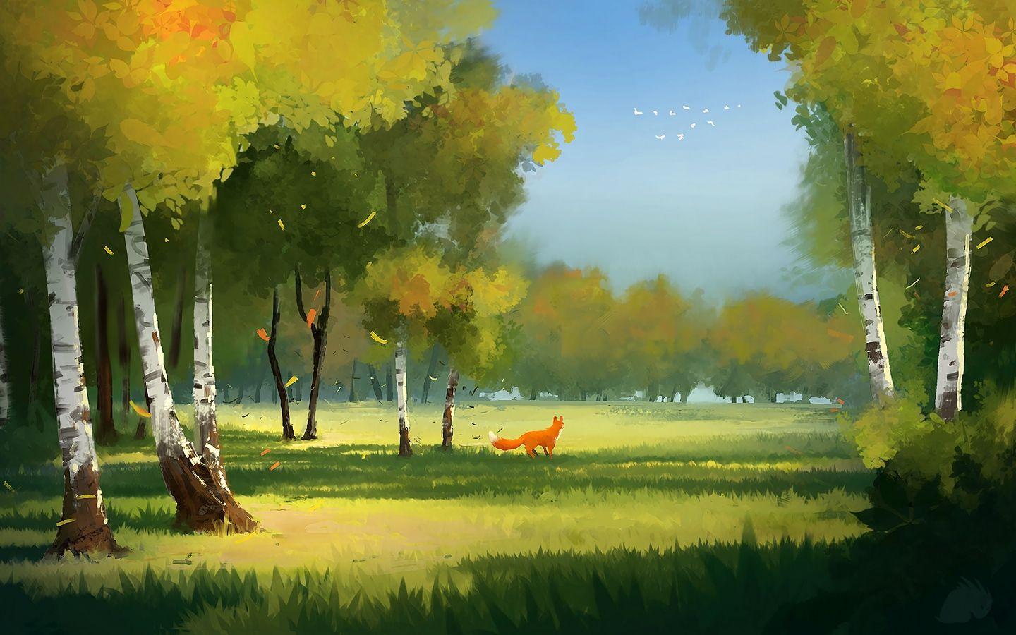 Download wallpaper 1440x900 forest, fox, art, glade, trees